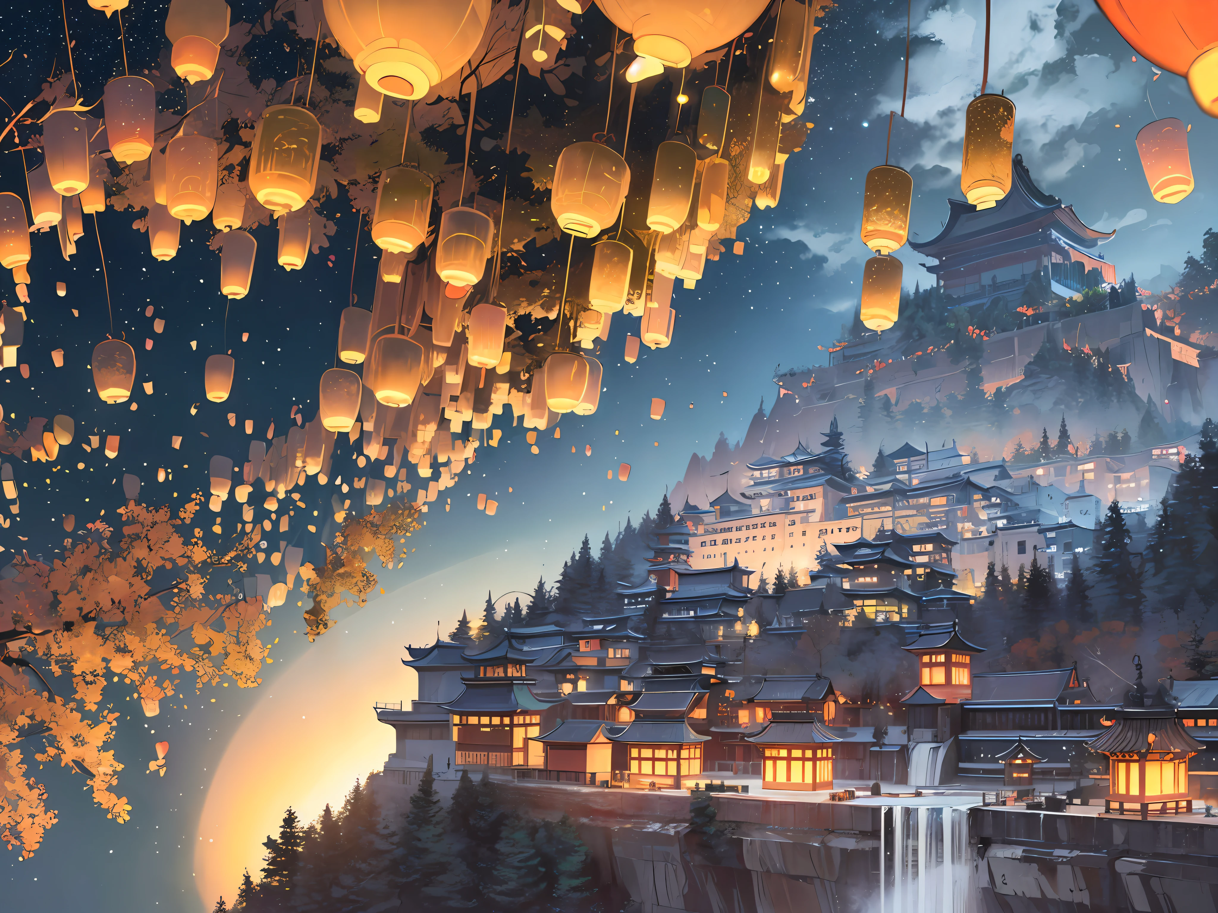 ( ( Top view, high angle view, Focal point composition) ) , Sunset Gradient, moonlit night, halo, beautiful light, beautiful play of shadow, light effects, Autumn, Ancient Chinese architecture, many raditional Chinese architecture on a floating island, there are many scattered buildings on the high mountain, ( huge Taoist incense burner, Sending out exquisite and beautiful magical effects) , waterfall cascading from the island, a vast sea of clouds, spectacular waterfalls, group of buildings, lanterns and sky lanterns floating in the air, high mountains, starry skies, soft color, refreshing, beautiful, Chinese landscape painting, cinematic lighting, high detail, (close-up), (chiaroscuro),fine facial details,cinematic lighting, (depth of field), UHD, --v6