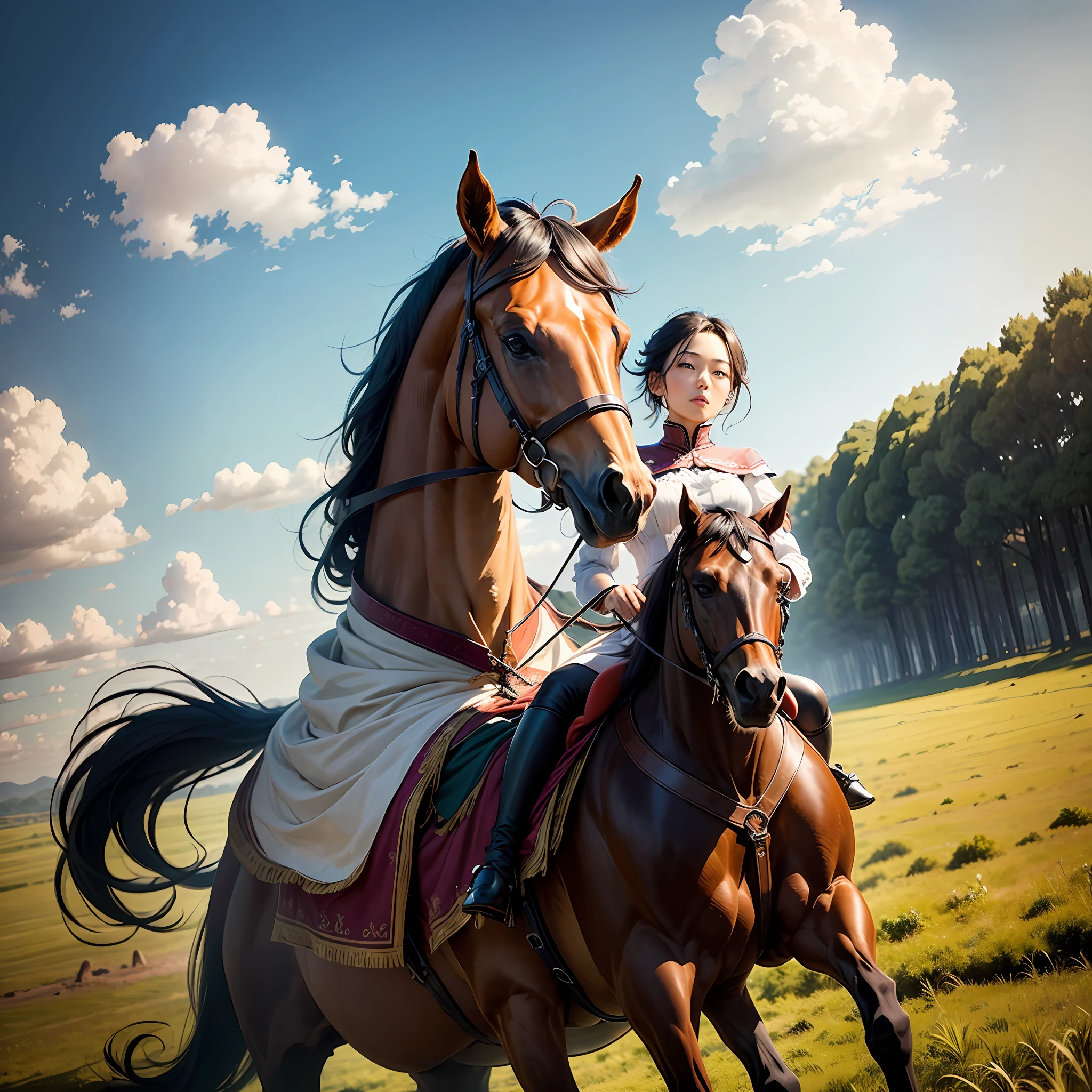 A grassland under the vast sky。A beautiful lady riding a horse is aged 20~Around 30 years old,The appearance is biased towards maturity。 --auto