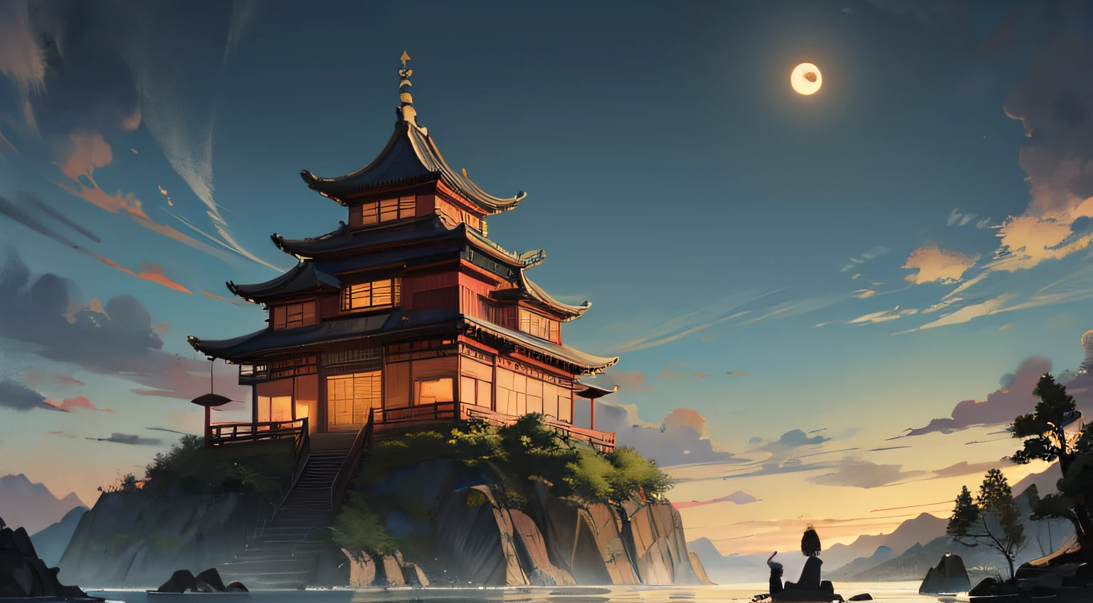 Chinese feng ink painting,Enchanted castle in the distance,The sky is dark and has the eye of the devil,Dark light shone down from the sky,There are rivers,There are Taoist priests,There are cute little --auto