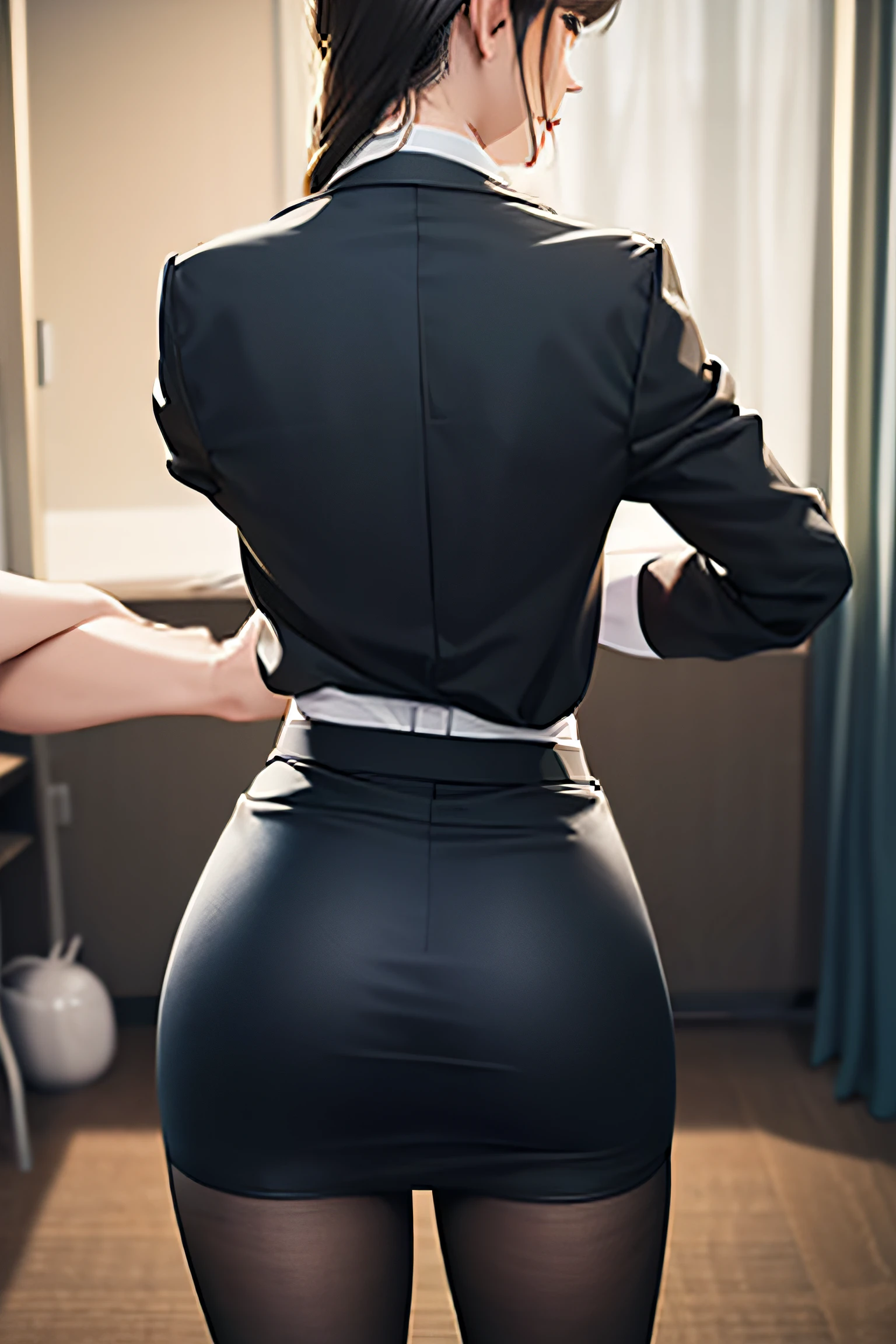 (Best quality: 1.1), (Realistic: 1.1), (Photography: 1.1), (highly details: 1.1), mix4, office room,Professional suits,black short skirt,black lence stockings,Watching from behind,hips focus,stooped,