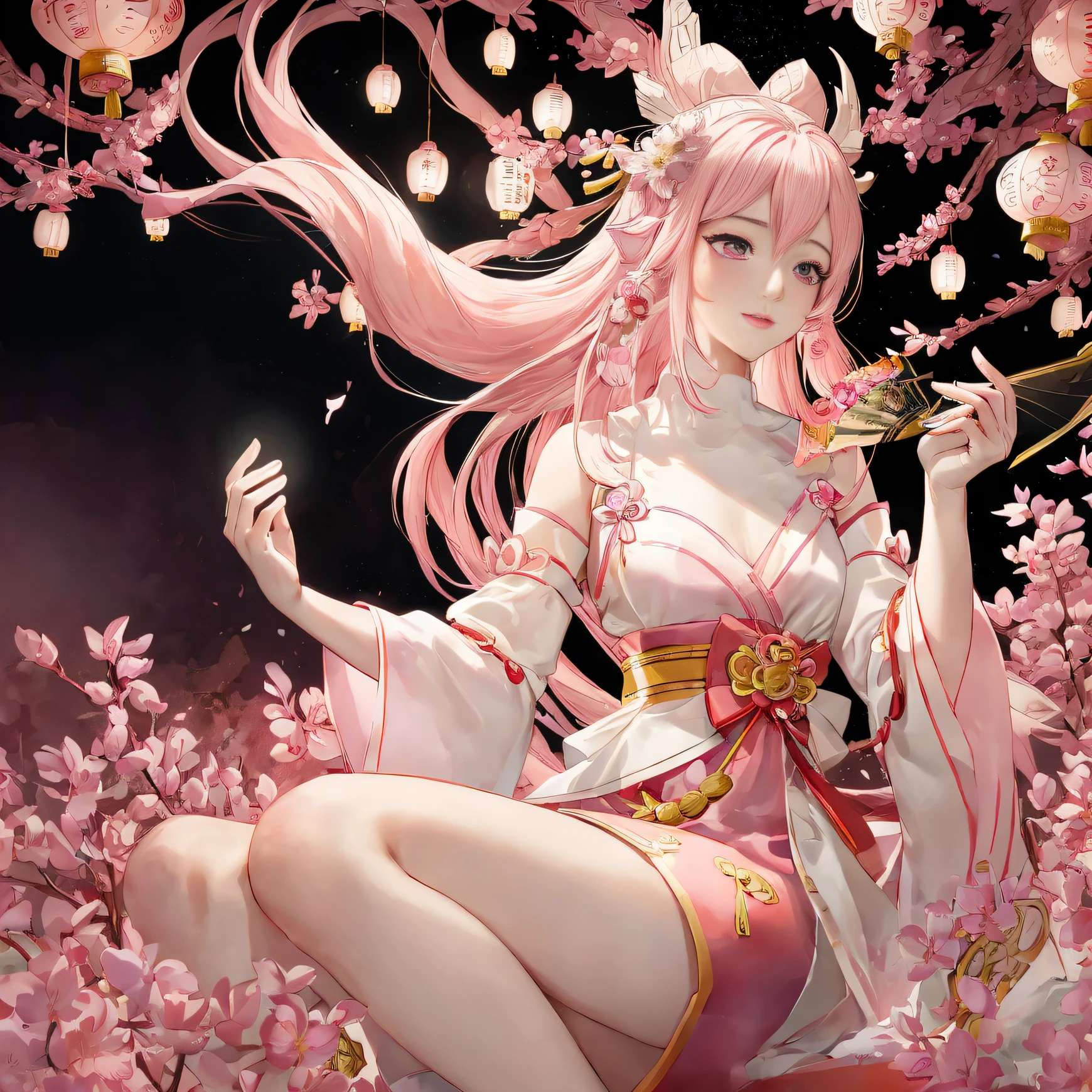 Anime girl with pink hair sitting on flower bed, sakura petals around her, Digital art on Pixiv, Onmyoji detailed art, trending on cgstation, pixiv contest winner, trending on artstation pixiv, Anime fantasy illustration, Guweiz in Pixiv ArtStation, Anime art wallpaper 8 K, Best anime 4k konachan wallpaper