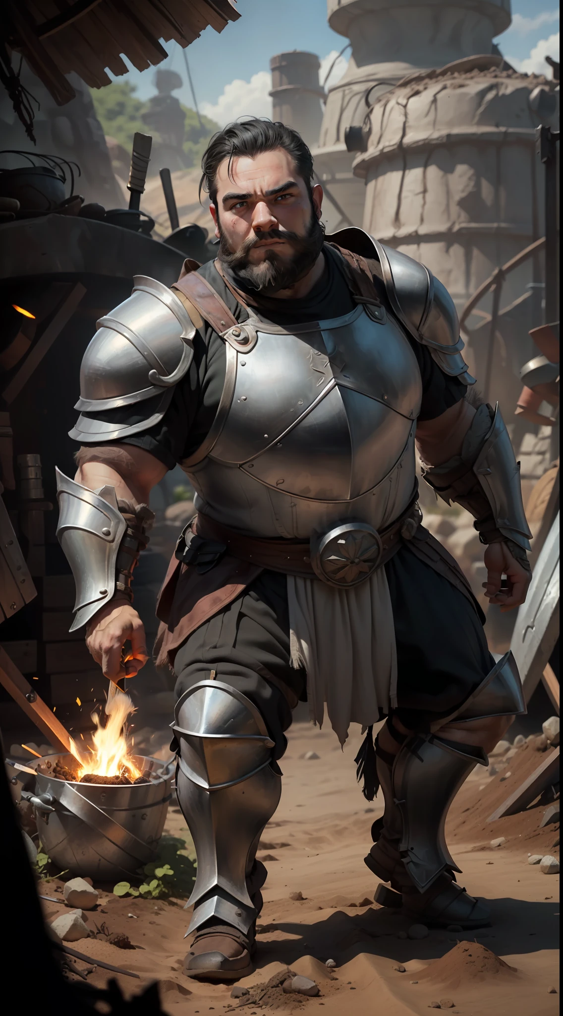 A dwarf, ((((soil))), (white skin, beard full with adornments, short black hair, large and strong nose, eyebrows together and thick), (wears a powerful armor all over his body of steel), is in his forge