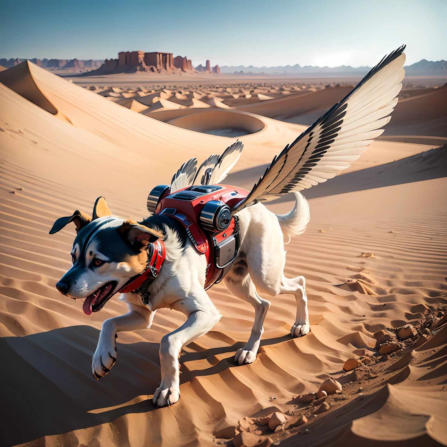 Dogs that can deform,at the desert,run,Wings grow on the back,Technologie --auto