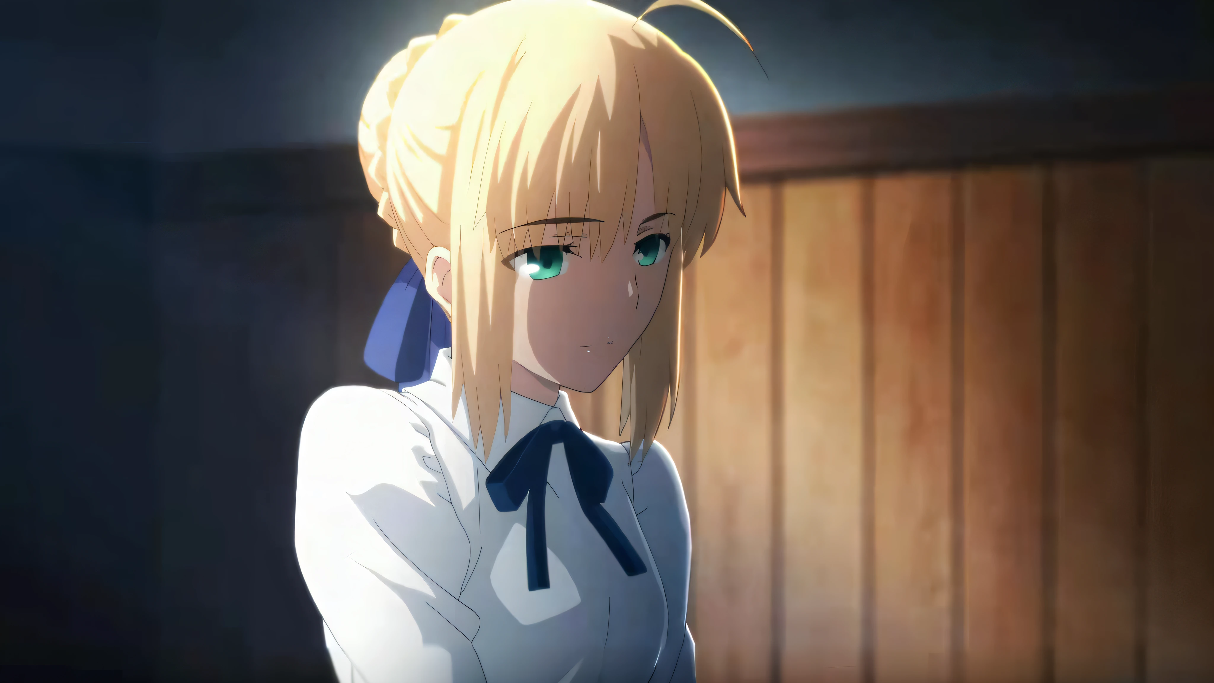 Blonde hair and blue eyes anime girl in white shirt, fate / stay night, anime style like fate/stay night, fate stay night, fate zero, Artoria Pendragon, fate/Zero, fate grand order, screenshot from the anime film, unlimited blade works, animated still, in the anime film, screenshot from a 2012s anime