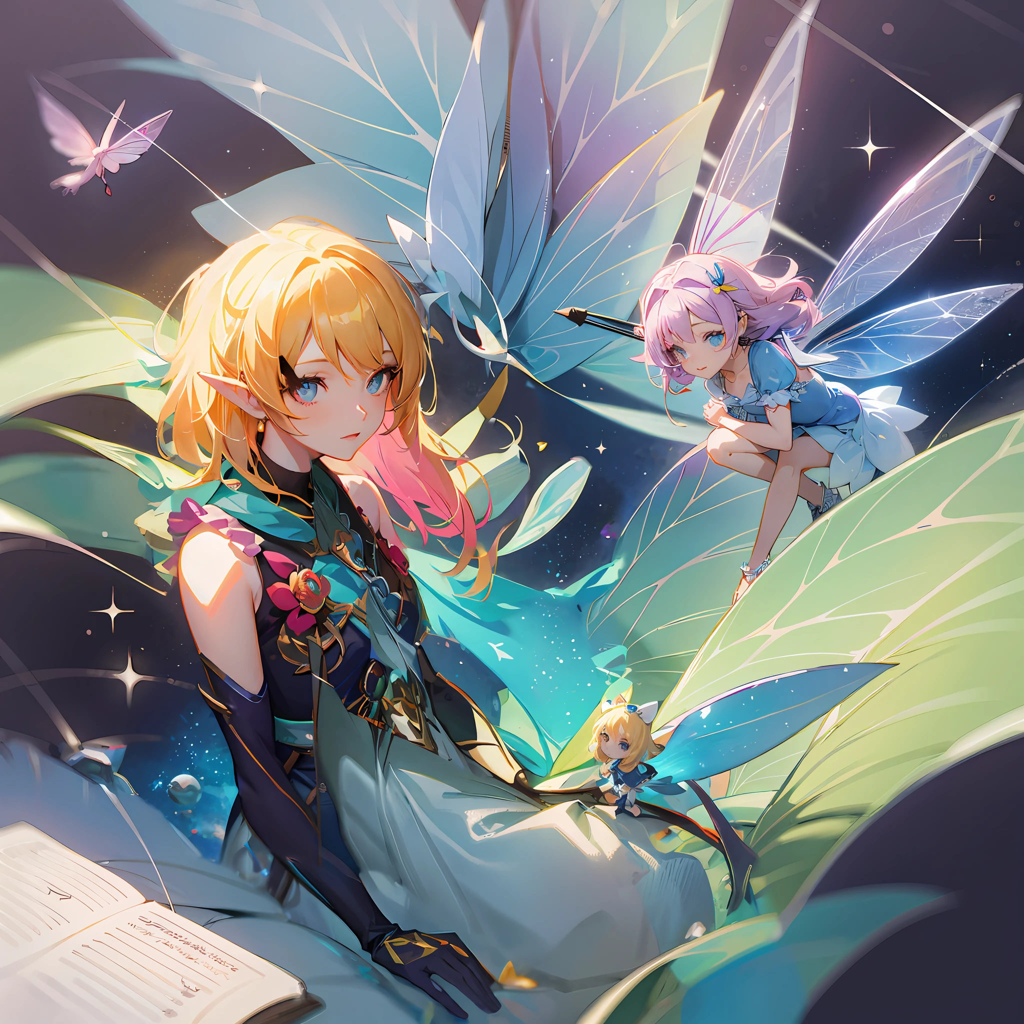 Anime - Style illustration of a woman in fairy costume and fairy doll, Guviz-style artwork, loish and ross tran, inspired by Ross Tran, Anime fantasy illustration, In the style of Ross Tran, astral fairy, Digital art on Pixiv, Fantasy art style, space flower fairy, Ross Tran style