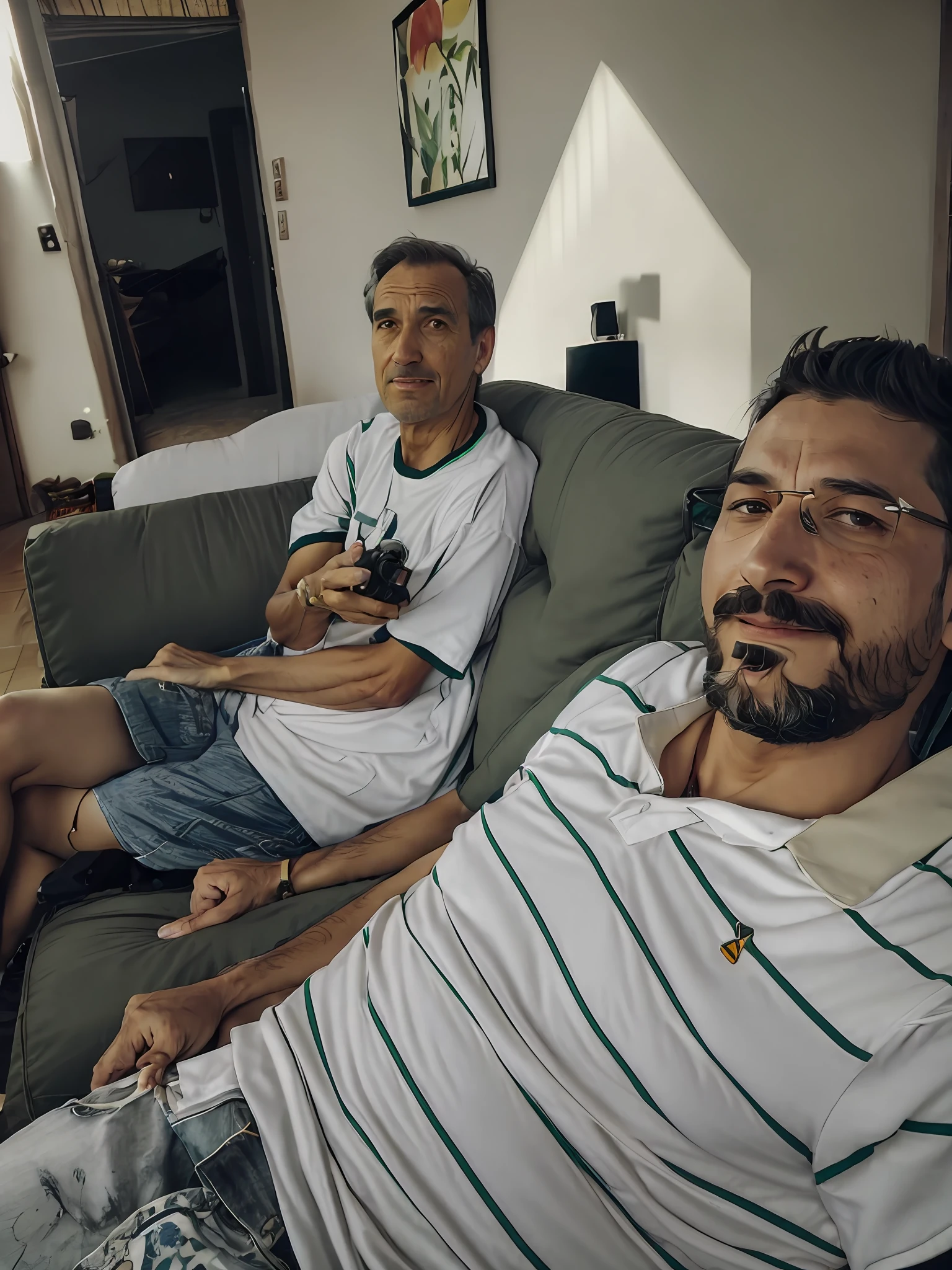 There are two men sitting on a couch together in a living room, momma and papa, In Sao Paulo, 3 5 year brazilian mother, Directed by: Nandor Soldier, Directed by: Willian Murai, Em casa, Directed by: Robert Combas, relaxing after a hard day, na copa do mundo, Foto realista, Directed by: Fernando Gerassi, mateus 9 5 --auto