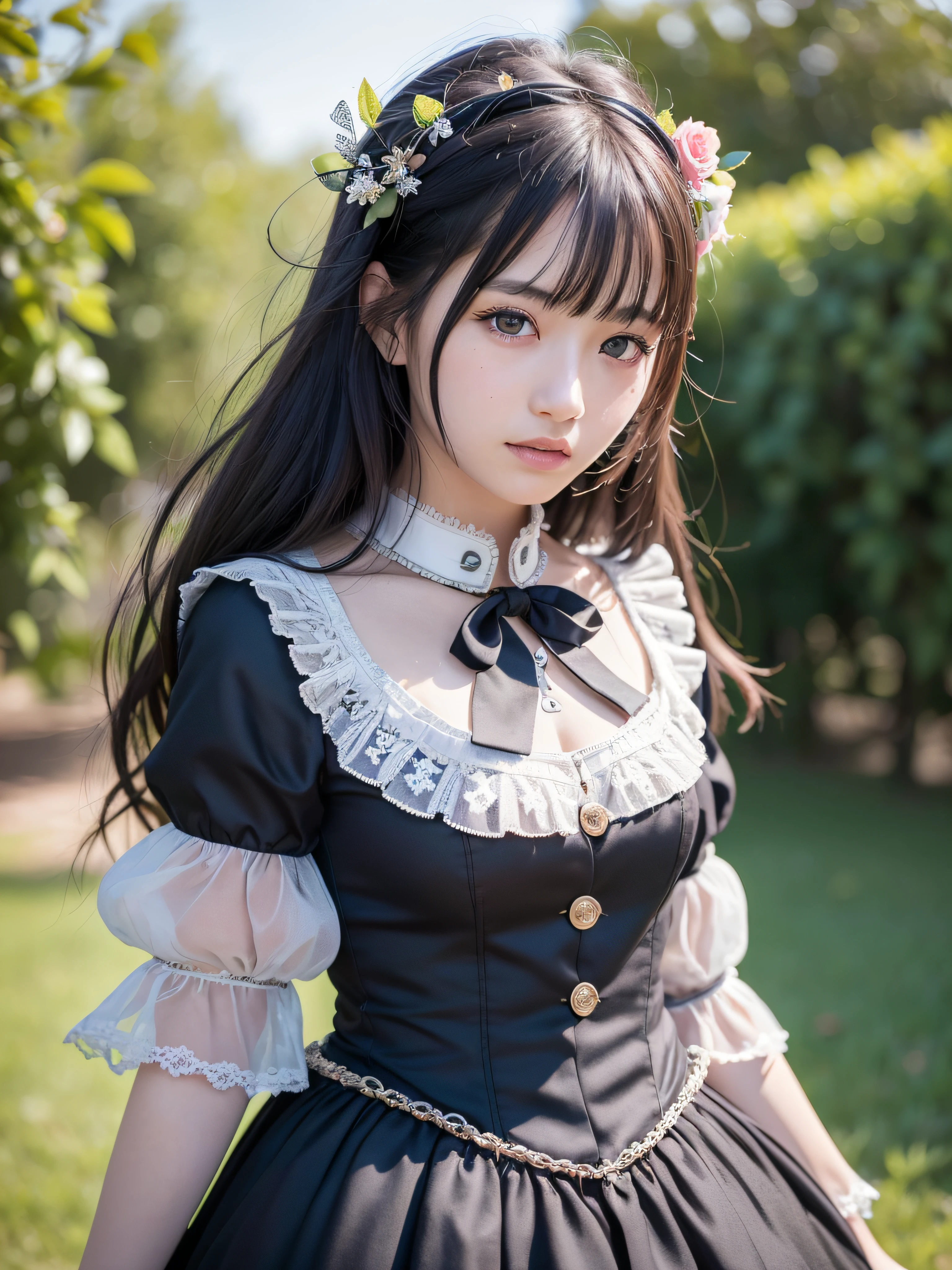 (realistic, photo realistic:1.37), incredibly absurdres, (insanely detailed:1.3), 8k, (masterpiece), (best quality:1.4), (ultra high res:1.2), (raw photo:1.2), (unity 8k wallpaper), 1 nogizaka girl, utterly cute, (bishojo:1.35), (15yo:1.4), ((alice and the pirates fashion)), delicate detailed beautiful dress, hair accessory with blue rose, an exquisitely detailed and beautiful face and eyes and skin, detailed black shine hair, smile at the camera, cowboy shot, gardens of petit trianon, farmhouse, ultra detailed background, professional lighting