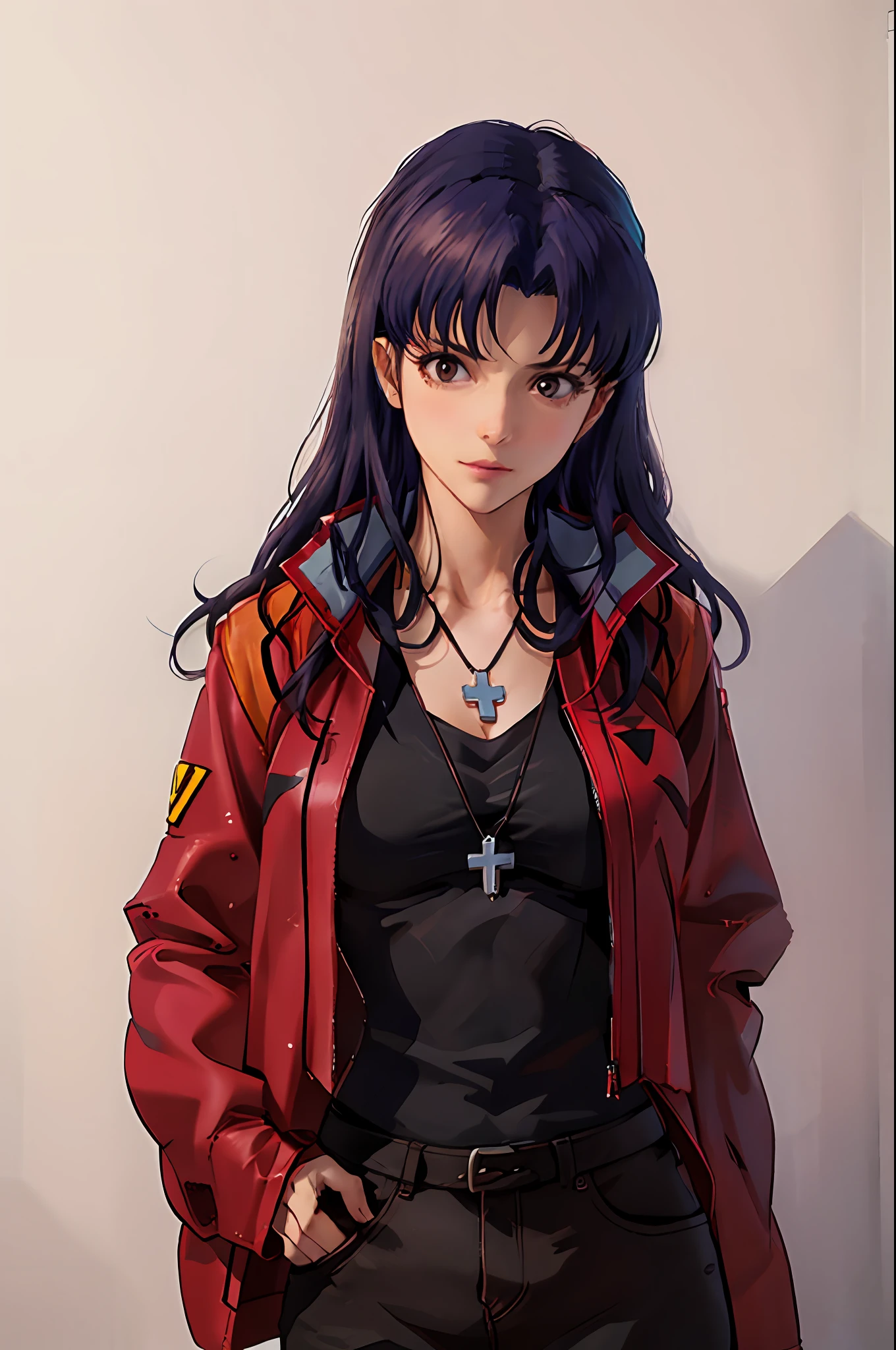 masterpiece, best quality,extremely_detailed_CG_unity_8k_wallpaper,extremely detailed_eyes,,evangelion: 3.0 you can \(not\) redo,1girl, solo,  Katsuragi_Misato, brown eyes,indigo hair,big_breasts, cross_necklace ,red jacket, mature female,aged up,upper body,