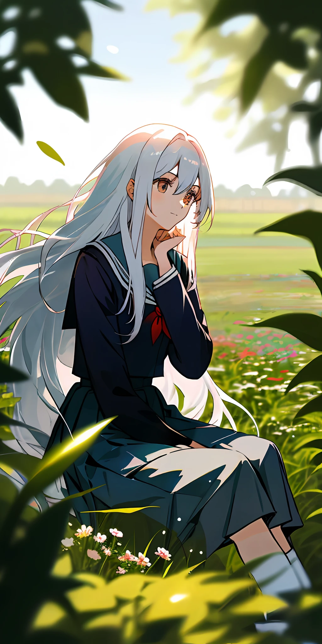 (tmasterpiece,best qualtiy),1 girl with long white hair sitting in a field of greenery and flowers,her hand under her chin,warmly lit,JK school uniform,blacksilk,Blurred foreground