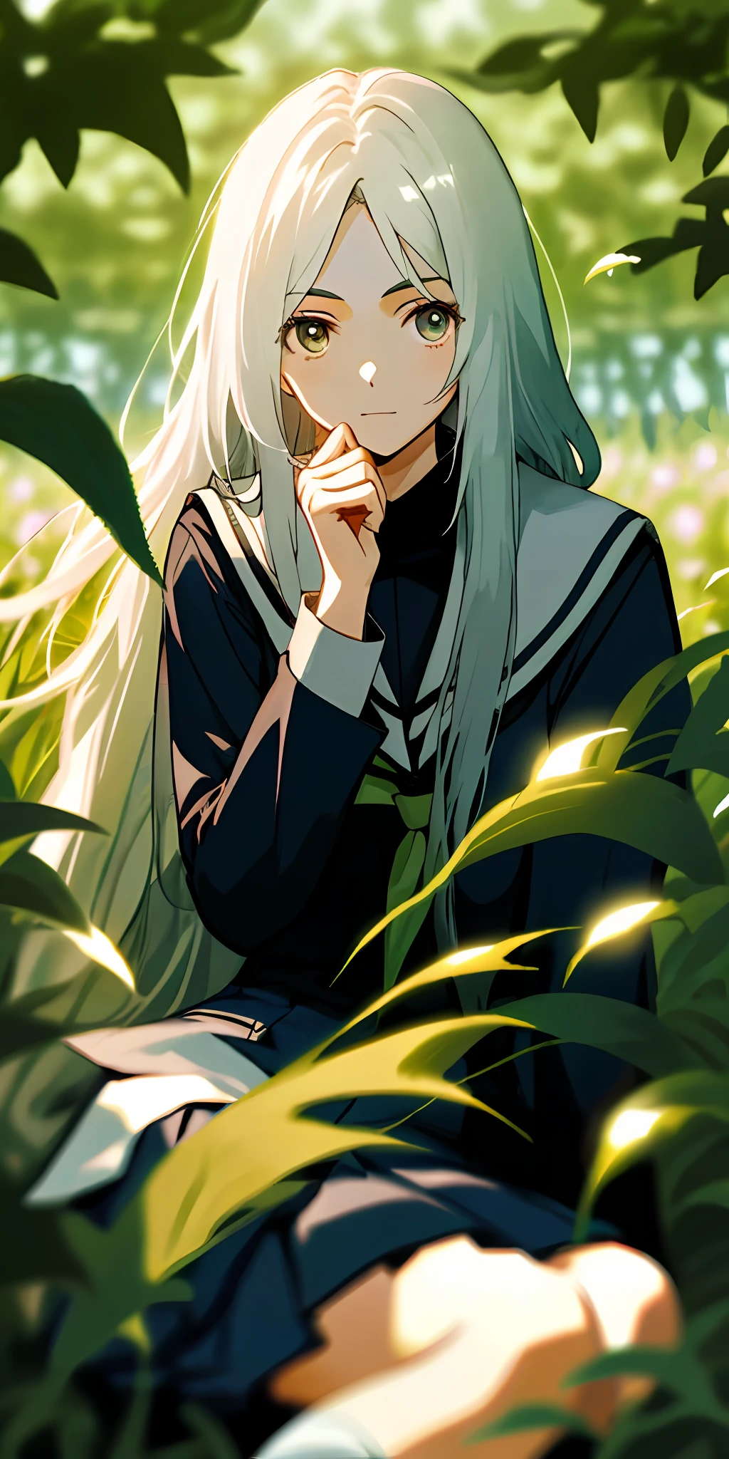 (tmasterpiece,best qualtiy),1 girl with long white hair sitting in a field of greenery and flowers,her hand under her chin,warmly lit,JK school uniform,blacksilk,Blurred foreground