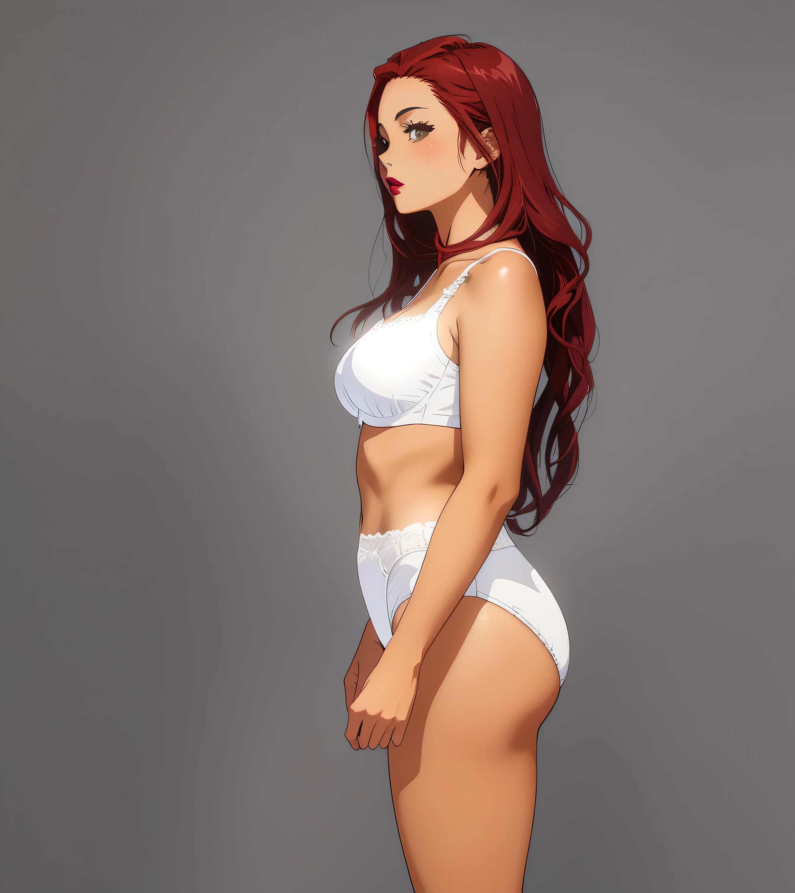 ((masterpiece, best quality)), Curvy Red-haired Latina, white bra, (white french-cut panties), standing in front of grey screen, wearing lipstick, shot from the side, anime art style, intricate details