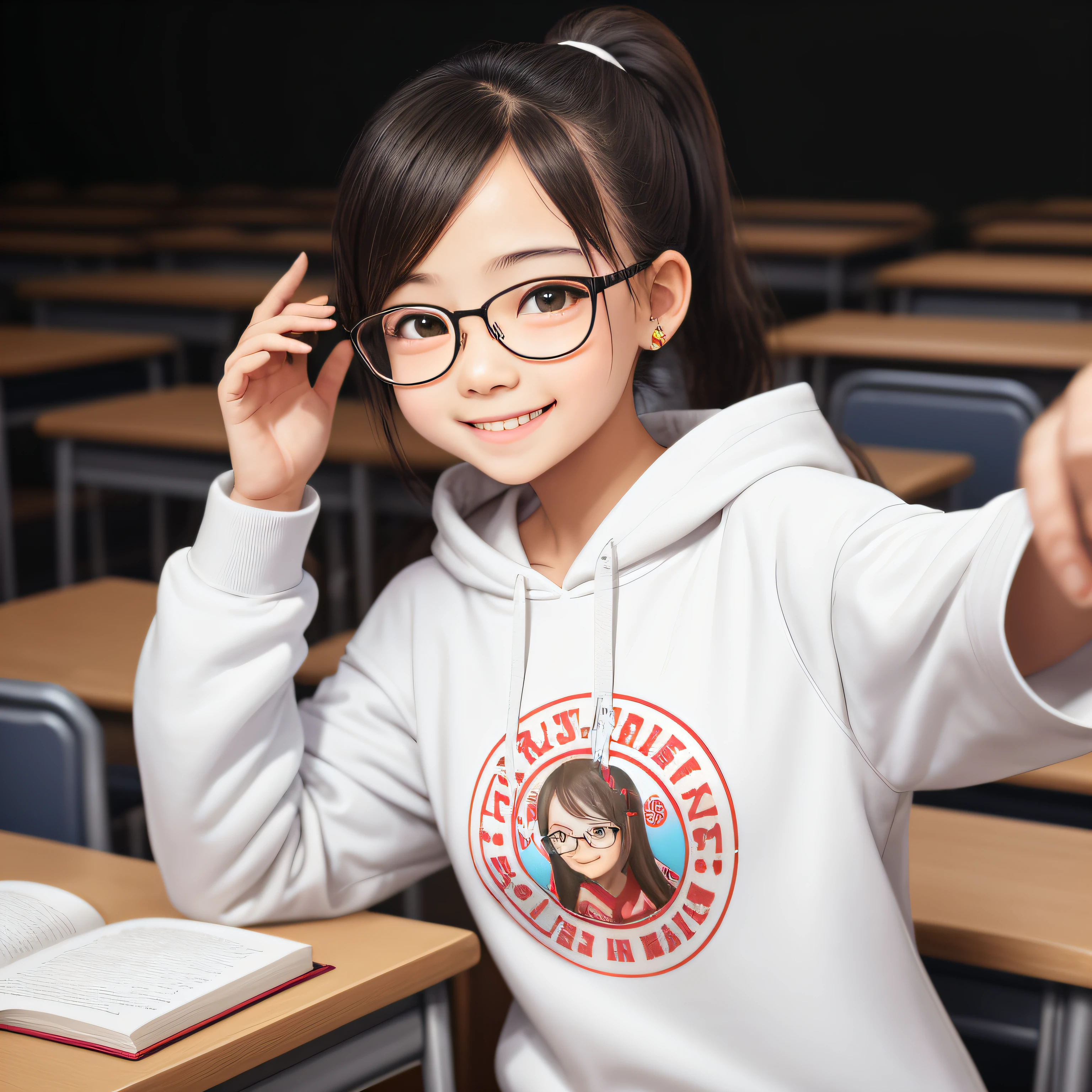 A girl with glasses with a round face in a high ponytail，Wearing a white sweatshirt, the letters CHINA on a black background are written in white on the chest，white skinned，Pursing his lips and smiling at the camera in a selfie, behind him is the desk，The desks were full of books, and there were laughing and joking classmates next to them --auto
