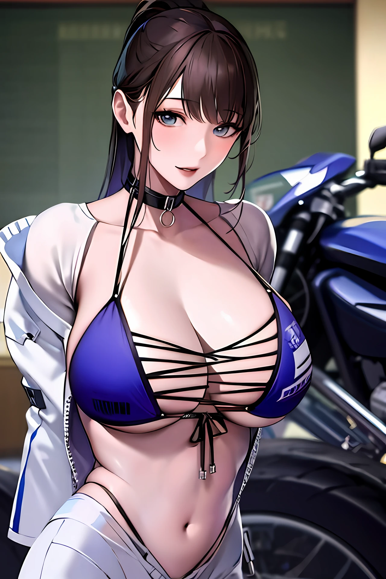 the motorcycle,Beautuful Women,Japanese young woman,big breasts exposed cleavage