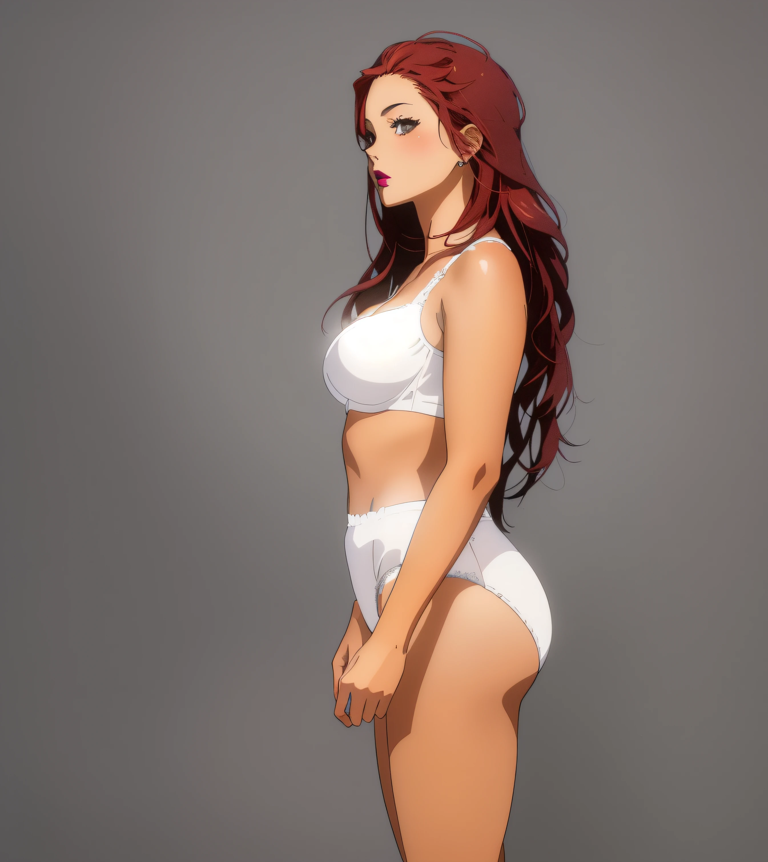 ((masterpiece, best quality)), Curvy Red-haired Latina, white bra, (white french-cut panties), standing in front of grey screen, wearing lipstick, shot from the side, anime art style, intricate details