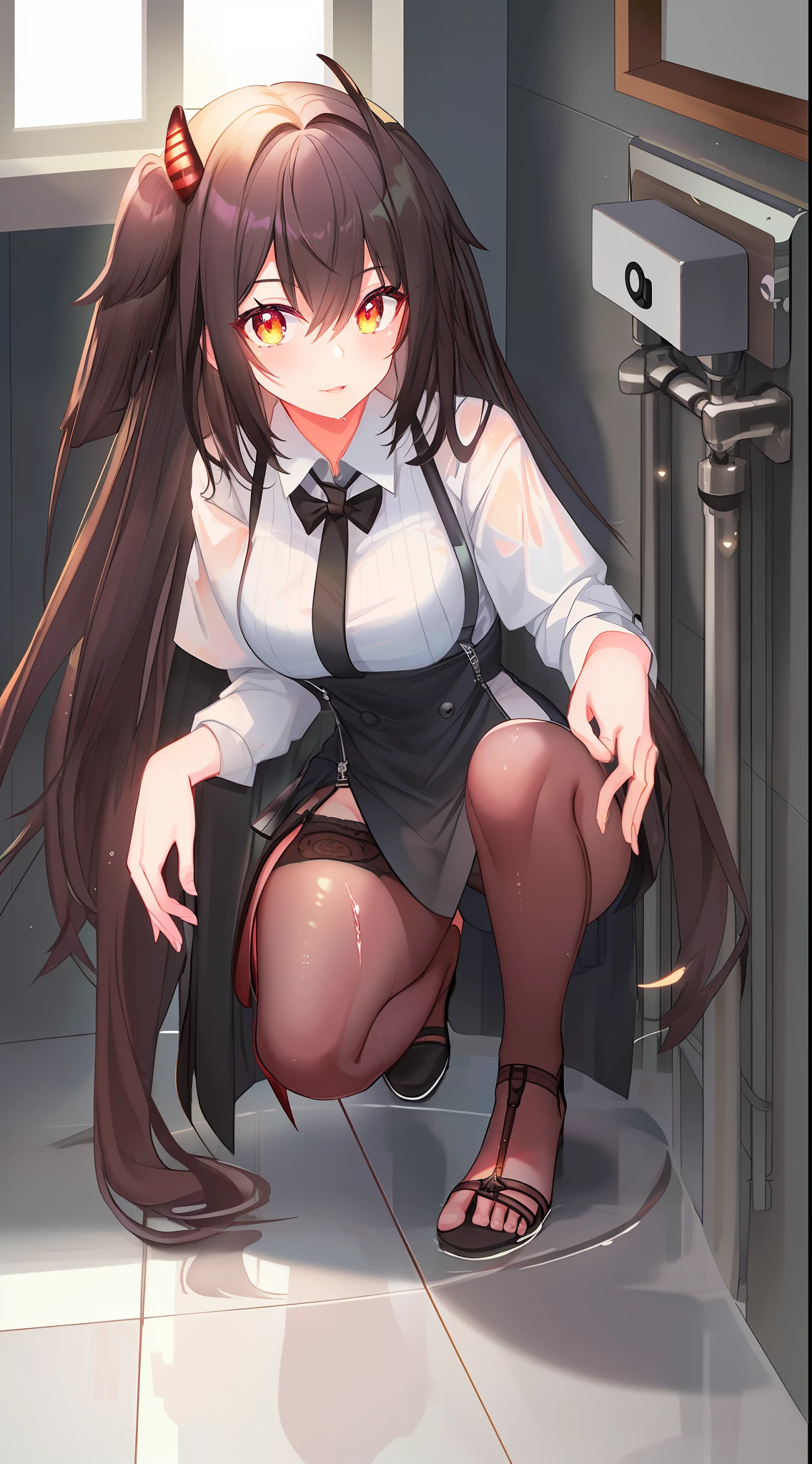 Thunderbolt bud clothing，Black suspender stockings，Charming eyes，perfect body figure，Wet half-squat in the bathroom，Forbidden fingers，beautiful thigh