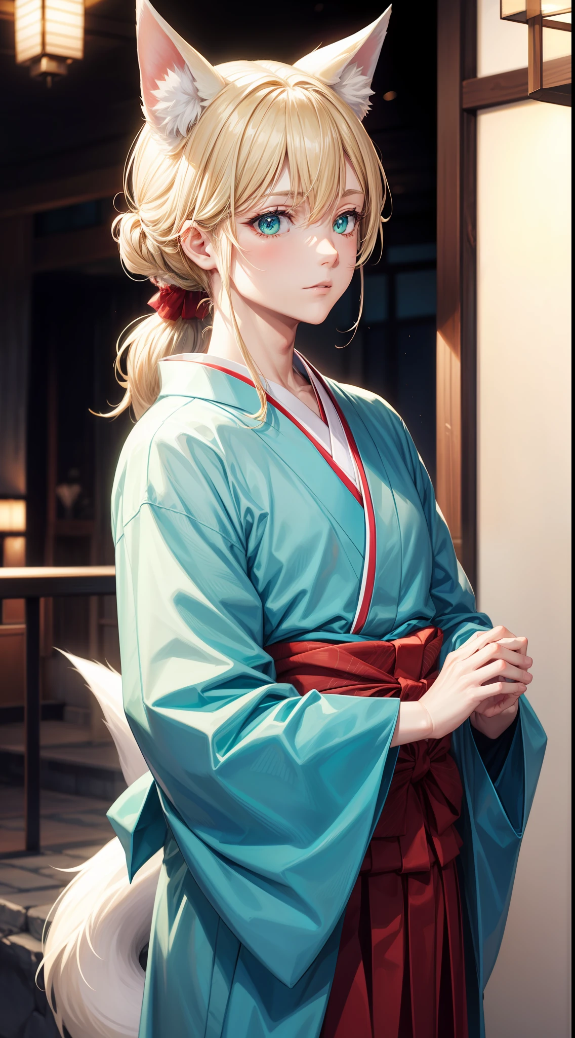 adult man, light blonde hair, low ponytail, white fox ears, white fox tail, Cyan eyes, kimono, Masterpiece, hiquality