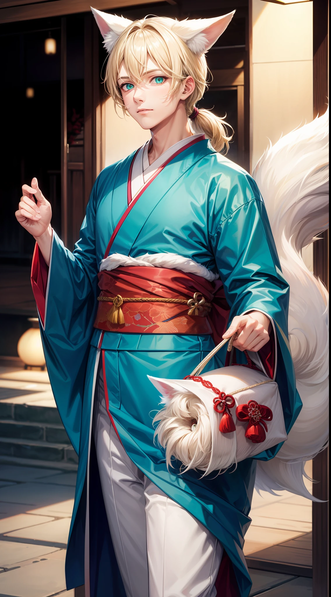 adult man, light blonde hair, low ponytail, white fox ears, white fox tail, Cyan eyes, kimono, Masterpiece, hiquality