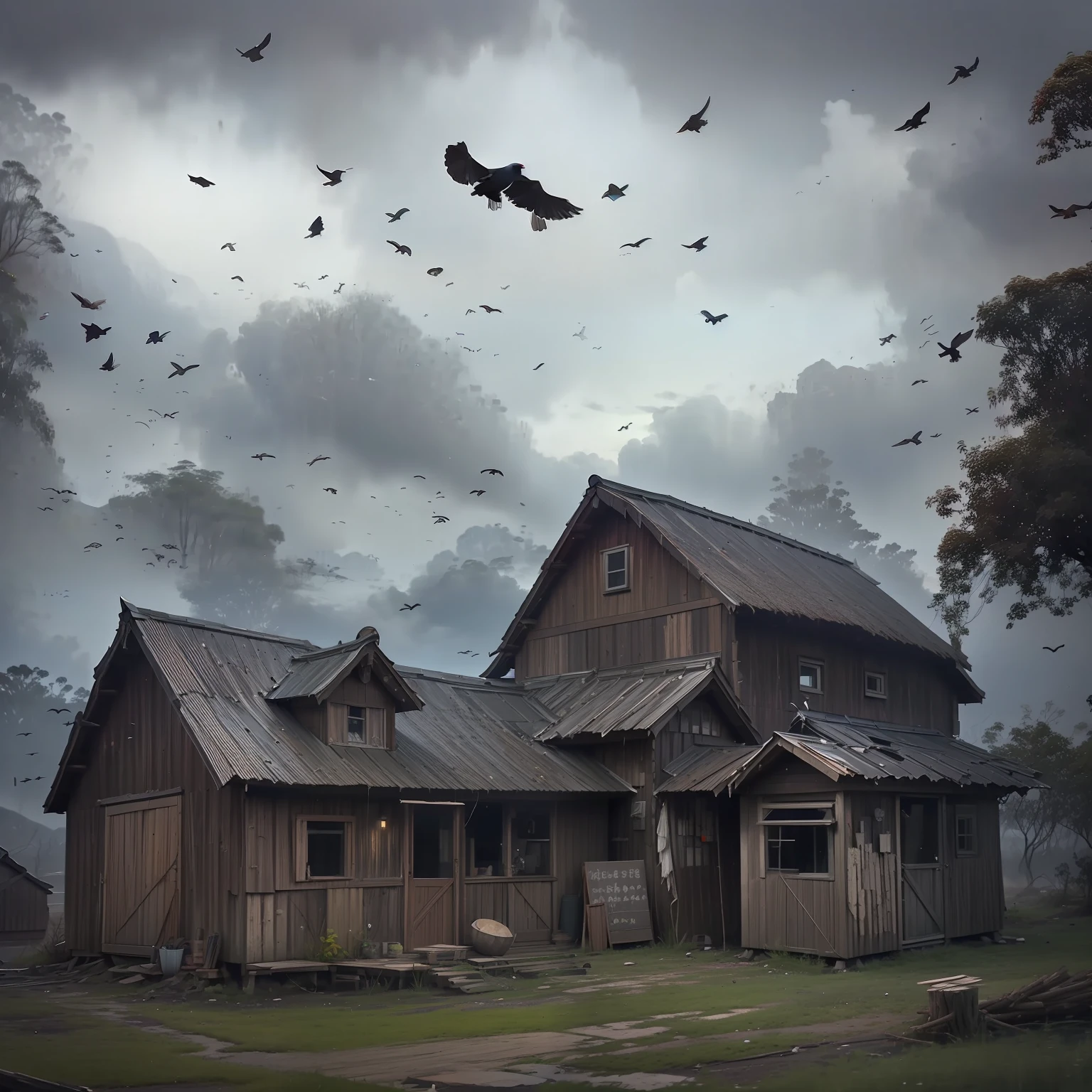 A dilapidated log cabin in a desolate and lifeless remote area，The sky was dark and faintly visible, and the moon was also blocked by dark clouds。There are also several black and swarthy crows circling on the roof of the wooden house