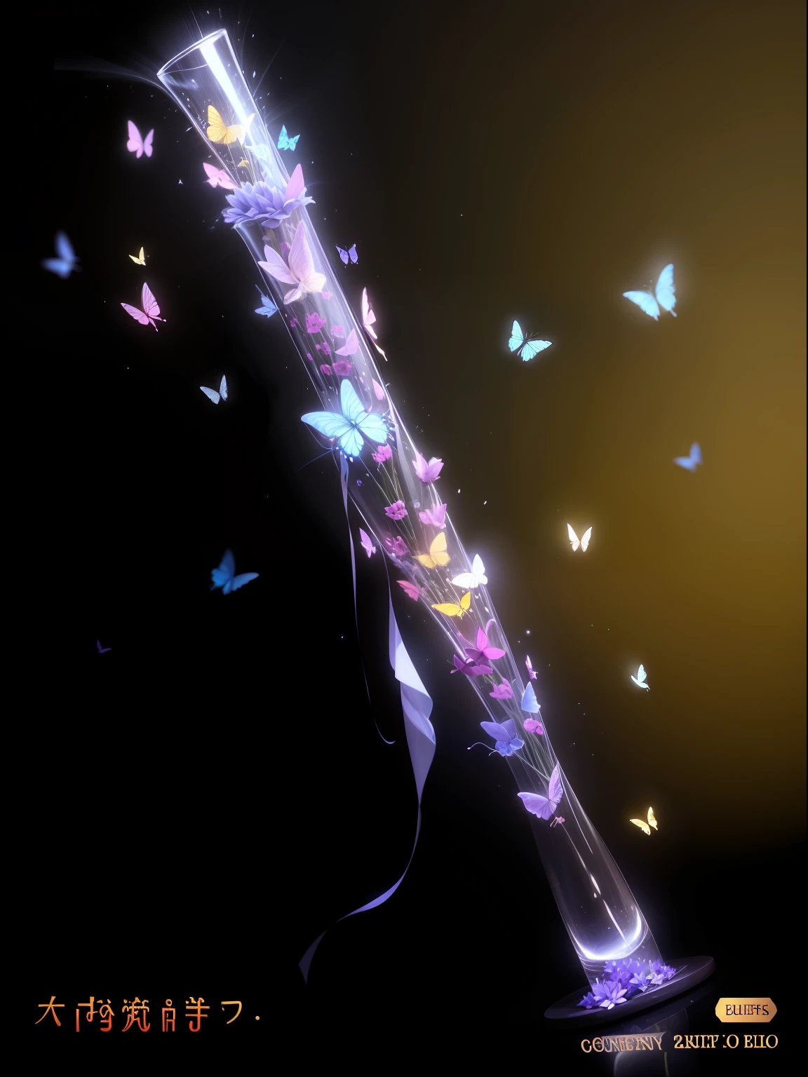 A tall glass object，There are a lot of birds flying around it in the air above，It is a black background，Blue butterfly，bugger，butterflys，butterflys，Butterfly in hand，Butterfly wings，faeries，with light glowing，glowing butterflies，origami，Paper cranes，White butterfly，Yellow butterfly --auto
