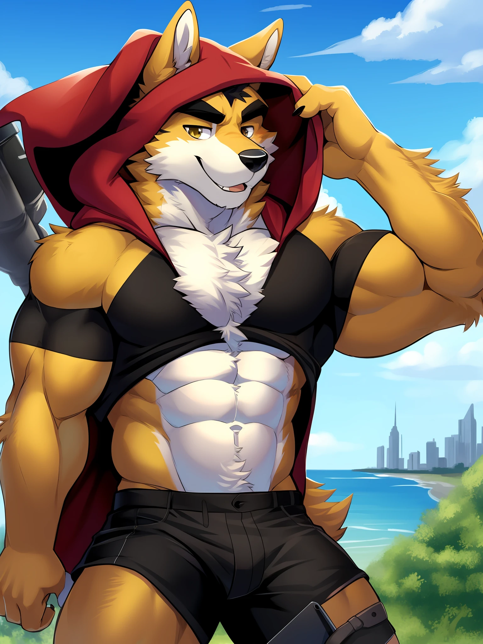 tmasterpiece, Best quality at best, nj5furry,shaggy male, 1boys, hairy pubic, malefocus, 独奏, Animal ear, formal, Wolf ears,Fit and fit,Kirin arm,Abs,chest muscle, Wolf boy, ssmile,
White fur,Yellow fur,Brown fur,two tone fur,黑The eye,Black shirt,Red hood,black hoodie,Thick eyebrows,coda,Yellow ears,
((full bodyesbian,)),
author:Chunni