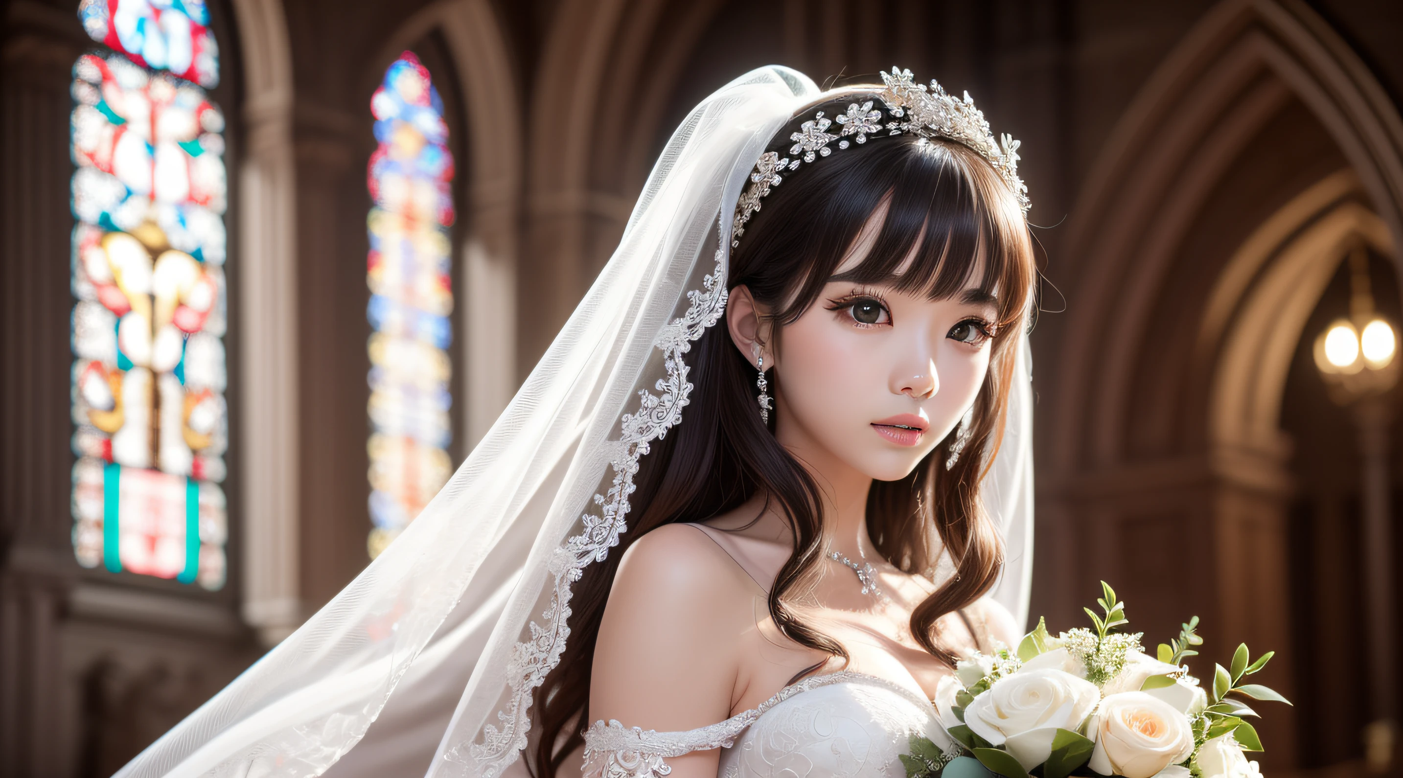 8K,inside a church,Ultimate detail,1girll,brunette color hair,head gear,Elaborate Eyes,二重まぶた,Inverted triangular face shape,Delicate skin texture,in wedding dresses,ultra fine detailed,the night