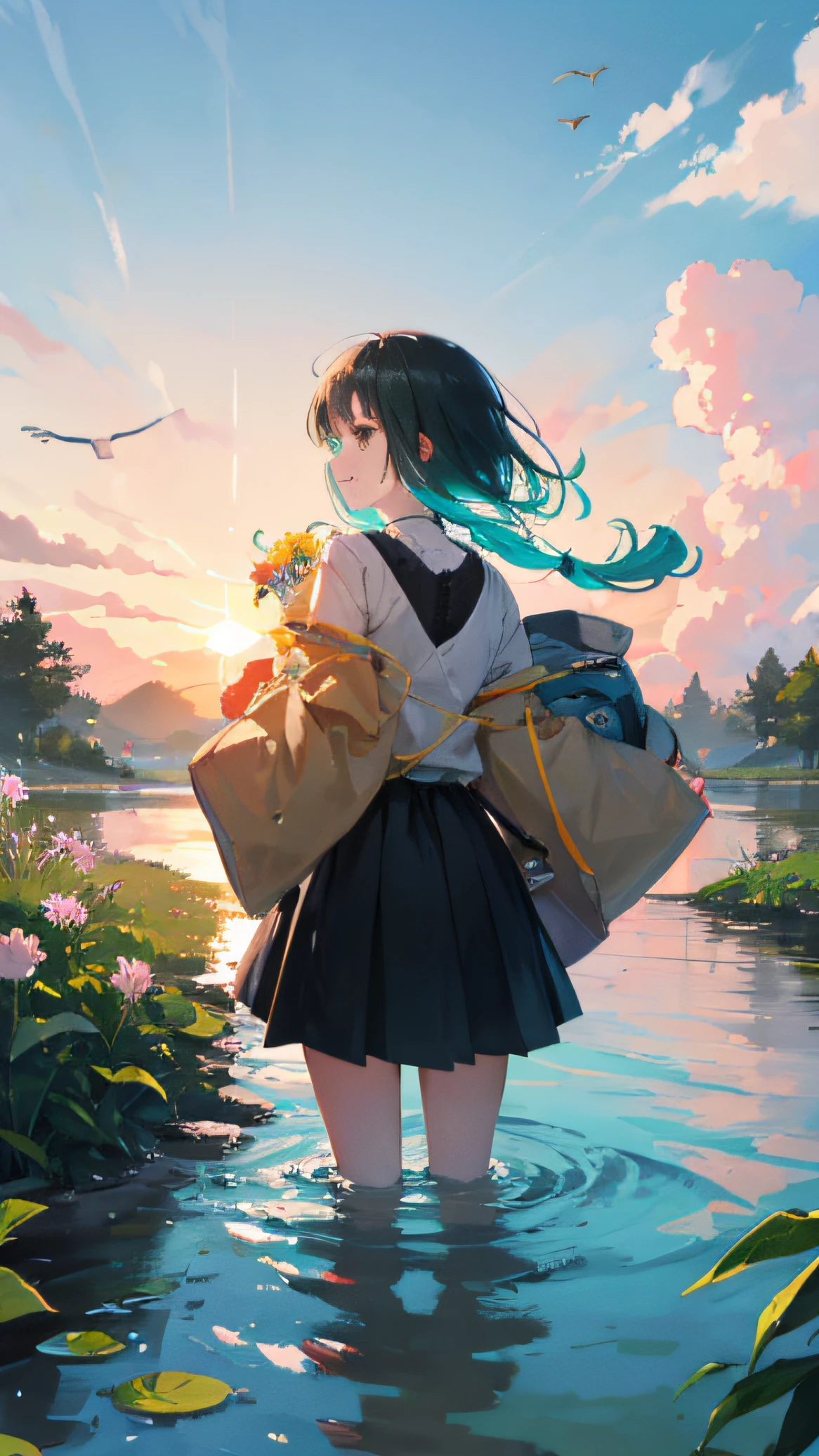 Graceful，naturey，idyllic，peacful，and harmonious，inclusive，cozily，bumper harvest,
teens girl，Beautiful sunset，Tano，Rice flower fragrance，A dynamic description of the couple:0.9 
Away from the hustle and bustle，Revel in nature，and the sun was shining brightly，Fresh air，The chirping of birds，Cheerful singing，Yerba Buena Herbs，The stream flows，Beautiful view of turquoise，