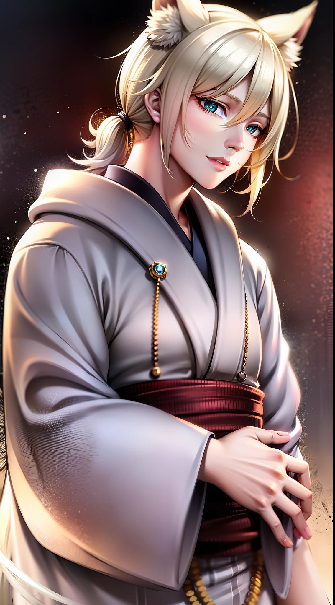 adult man, light blonde hair, low ponytail, white fox ears, white fox tail, Cyan eyes, kimono, Masterpiece, hiquality