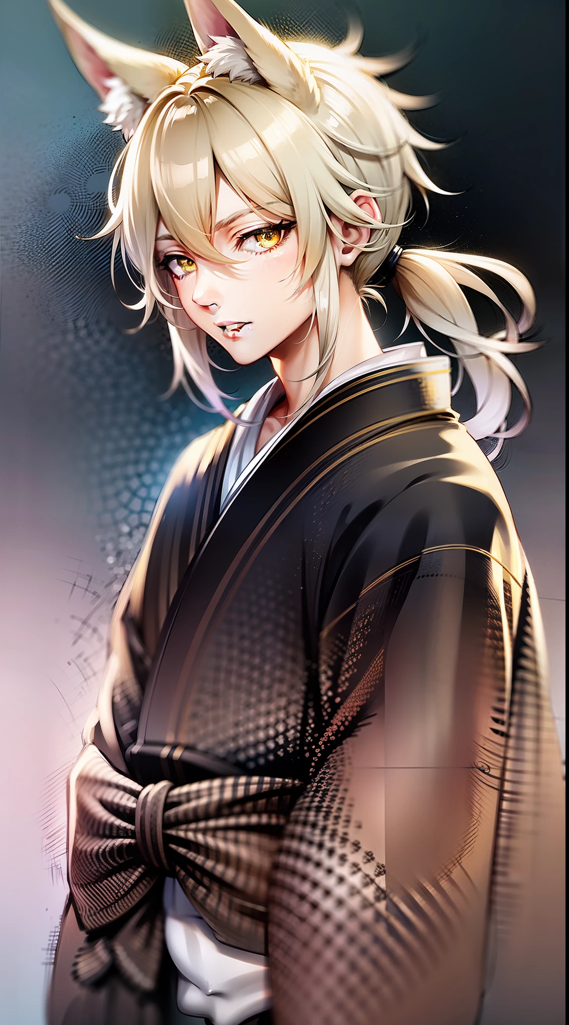 adult man, light blonde hair, low ponytail, white fox ears, white fox tail, Cyan eyes, kimono, Masterpiece, hiquality