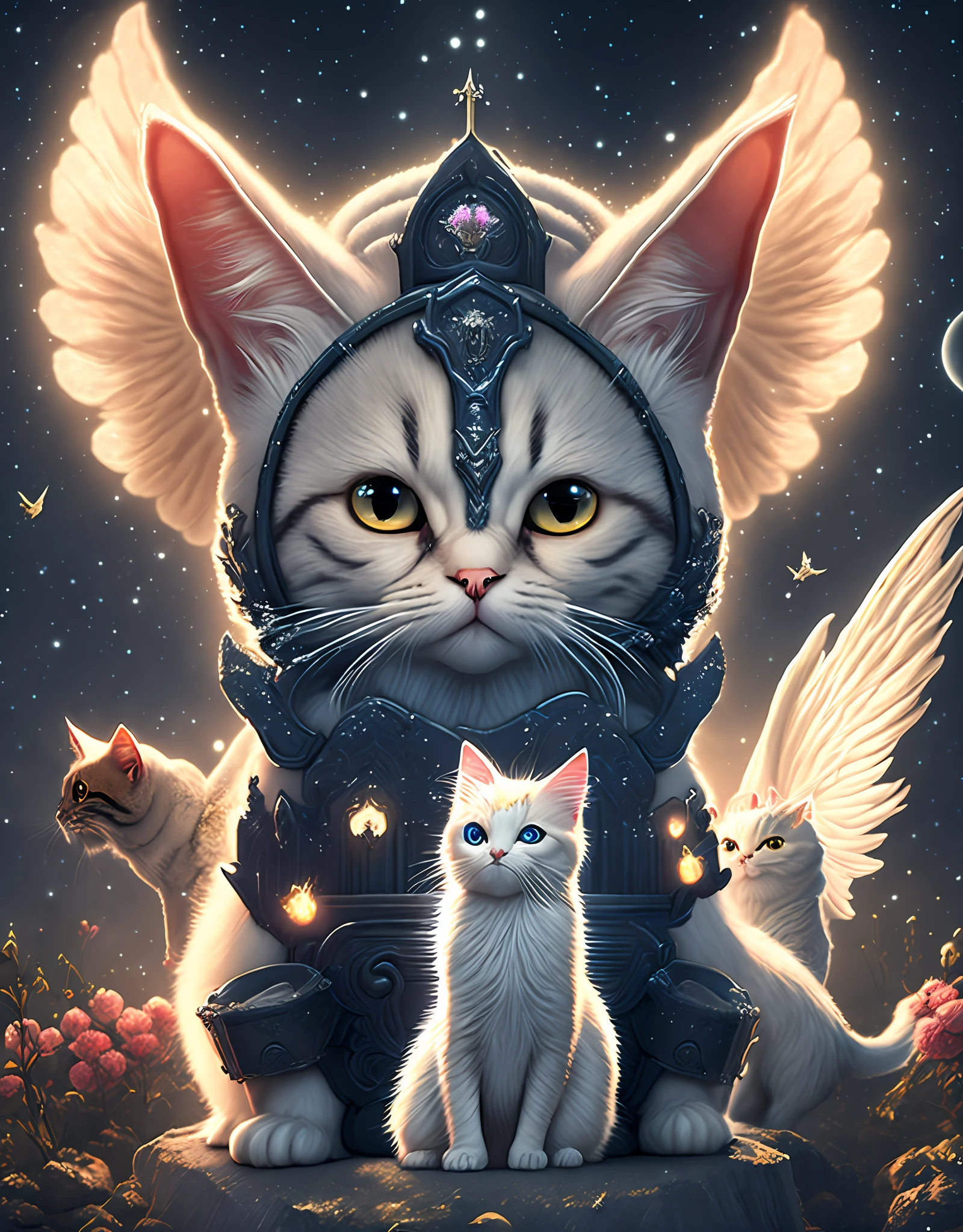 Cats under the moon，Angels fight demons，a throne，Remains，fresh flowers，necromunda，HD picture --auto