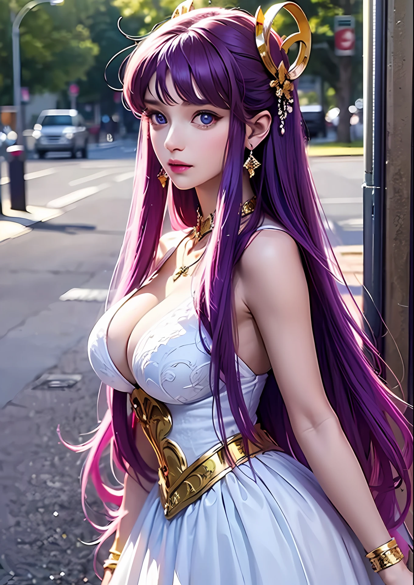 Kido_Saori, standing, solo, big_breasts, saori_sleeveless_white_dress, saori_accessories, staff_Nikke, masterpiece, best quality, detailed face, detailed eyes, heights,