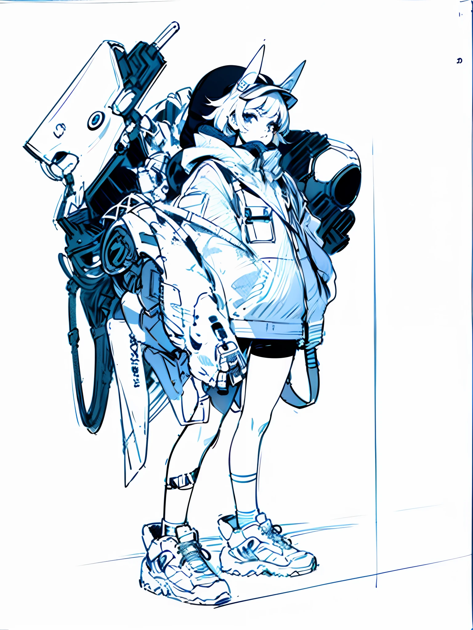 Painting of a woman with a gun and a backpack, heavy lineart, detailed full-body concept, Line sketch, Line sketch!!, hyper detailed line art, line work concept art, highly detailed sketch, Line art!!, Inspired by Masamune Shirow, lineart behance hd, mechanized soldier girl, heavy outline, perfect lineart