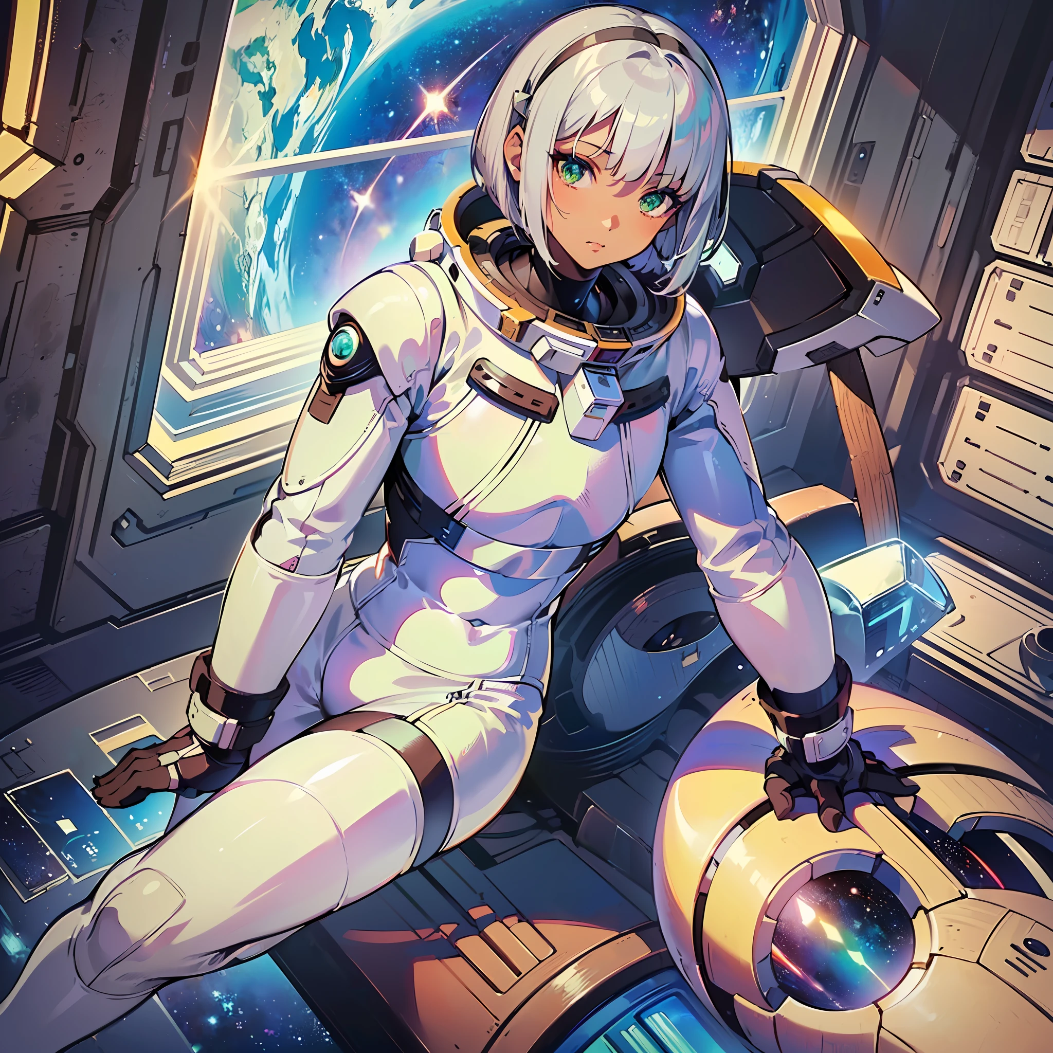 ((Masterpiece)), ((Best Quality)), ((Best Quality)), (Illustration of One Boy), Full Body, ((Bishonen)), (Man's Daughter), (Neutral), (((Silver Hair Bob Cut)), Hair Band, Green Eyes, (((Brown Skin)), (Toned Body), Abs, ((White Pilot Suit)), ((Inside the Spaceship)), (Outside the Window, Space, Earth from Space, Spaceport)