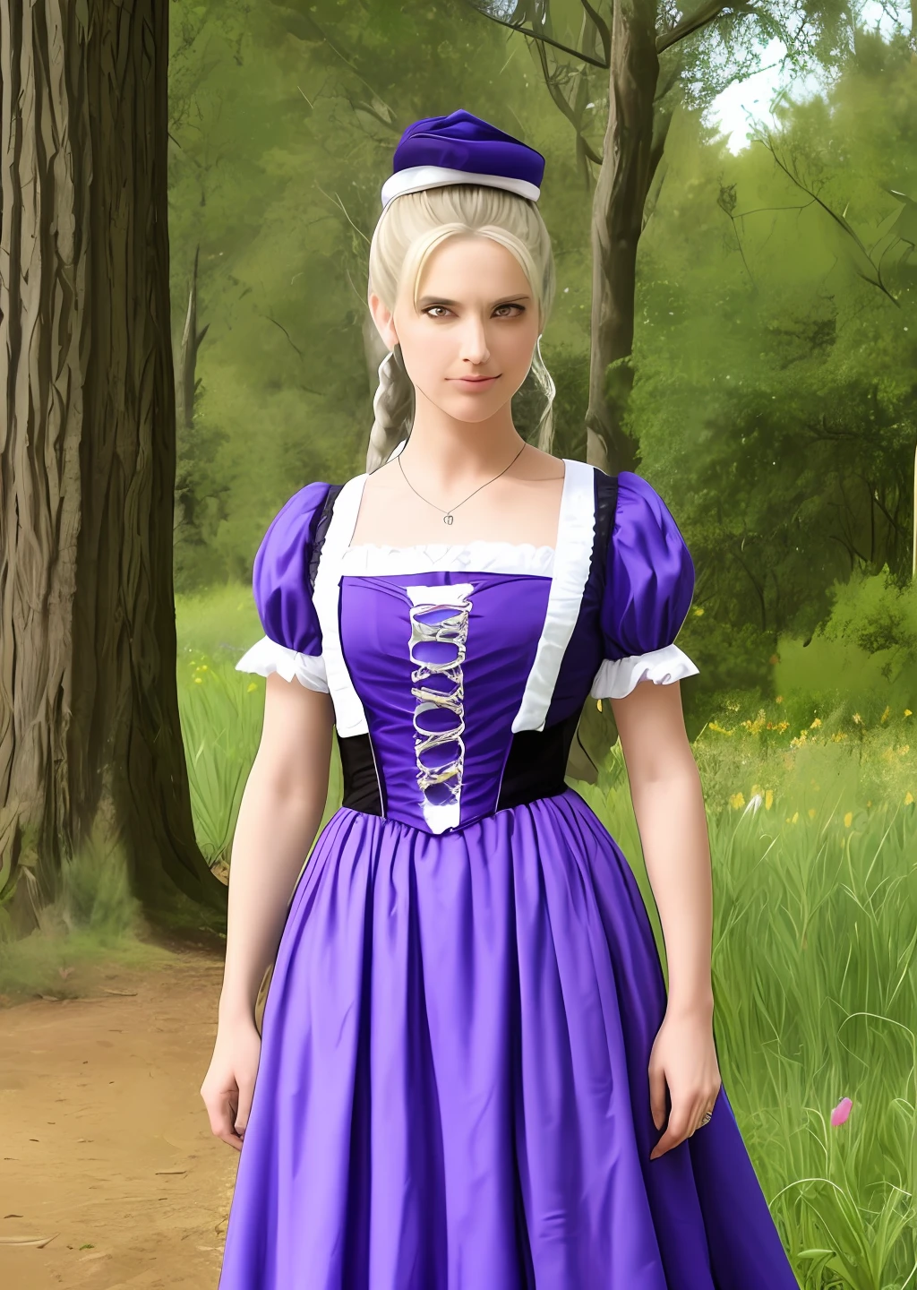 A woman in period costume has a purple ponytail and holds two swords