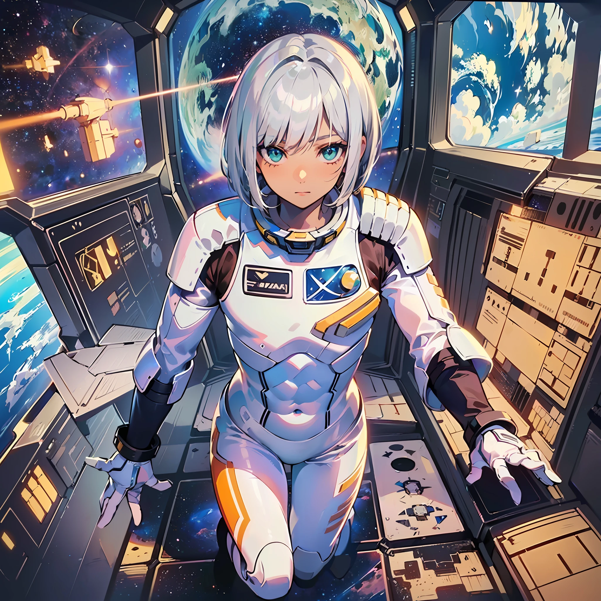 ((Masterpiece)), ((Best Quality)), ((Best Quality)), (Illustration of One Boy), Full Body, ((Bishonen)), (Man's Daughter), (Neutral), (((Silver Hair Bob Cut)), Hair Band, Green Eyes, (((Brown Skin)), (Toned Body), Abs, ((White Pilot Suit)), ((Inside the Spaceship)), (Outside the Window, Space, Earth from Space, Spaceport)