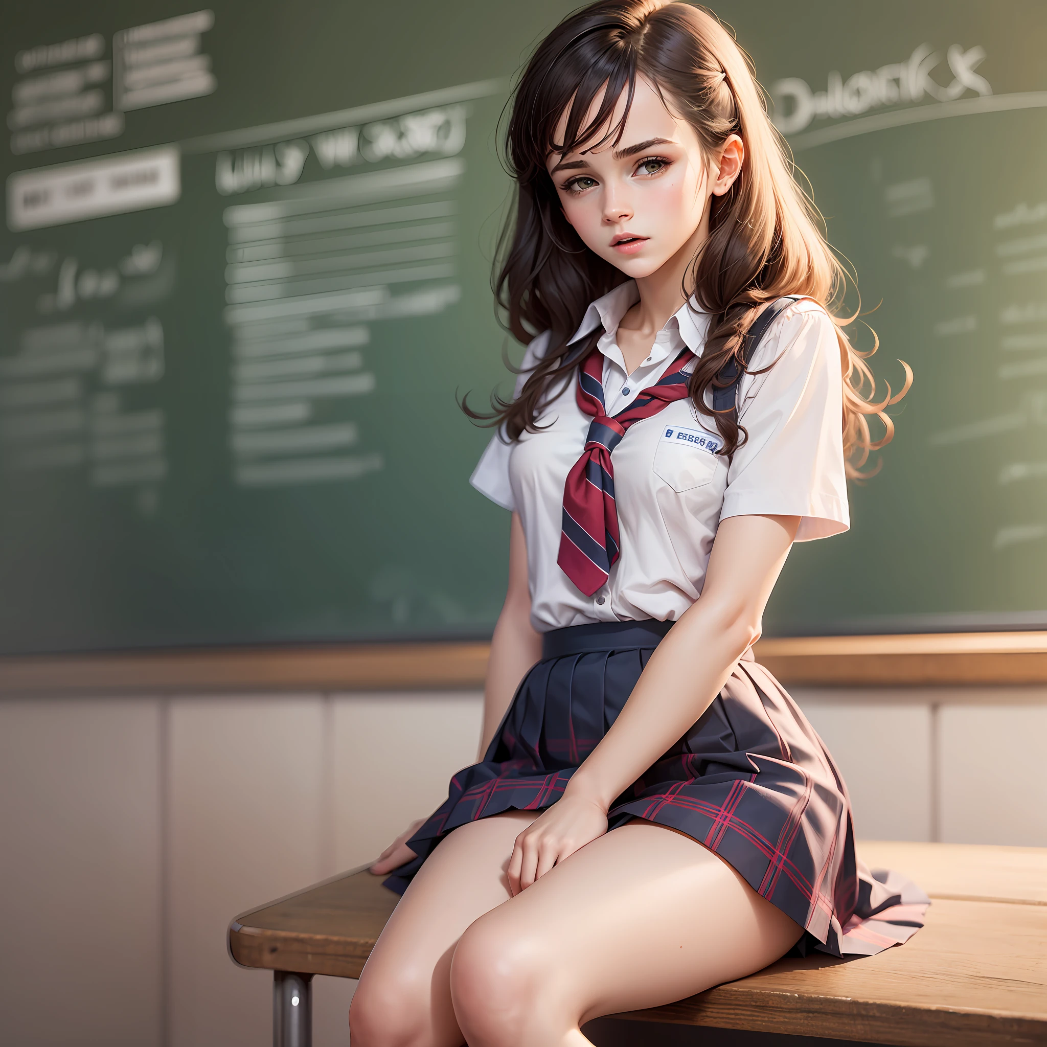 teen emma watson as a sexy schoolgirl sitting on a fence. tight intricate school uniform. slender body. classroom. day. background blackboard. pleated skirt. legs open.