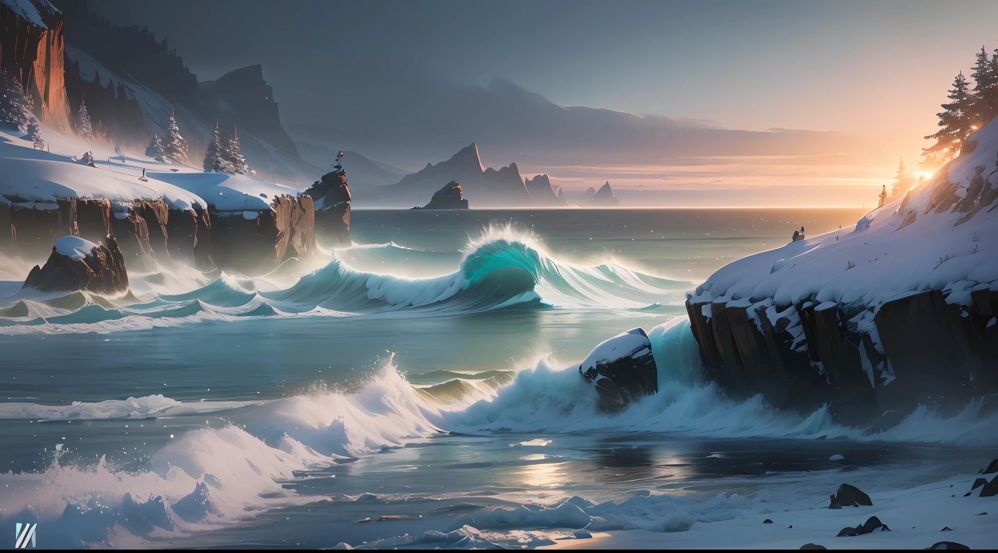 The mountains are clear,waves crashing against the rocks,snow covered,8K artwork,Inspired by Christopher Balaskas,Tuomas Korpi和WLOP,author:Andrei Esionov,Highly detailed digital art in 4K,inspired by Michael Komarck,max rive、The style of Mark Adams and Bastian Glivett。The seaside occupies a third of the picture
