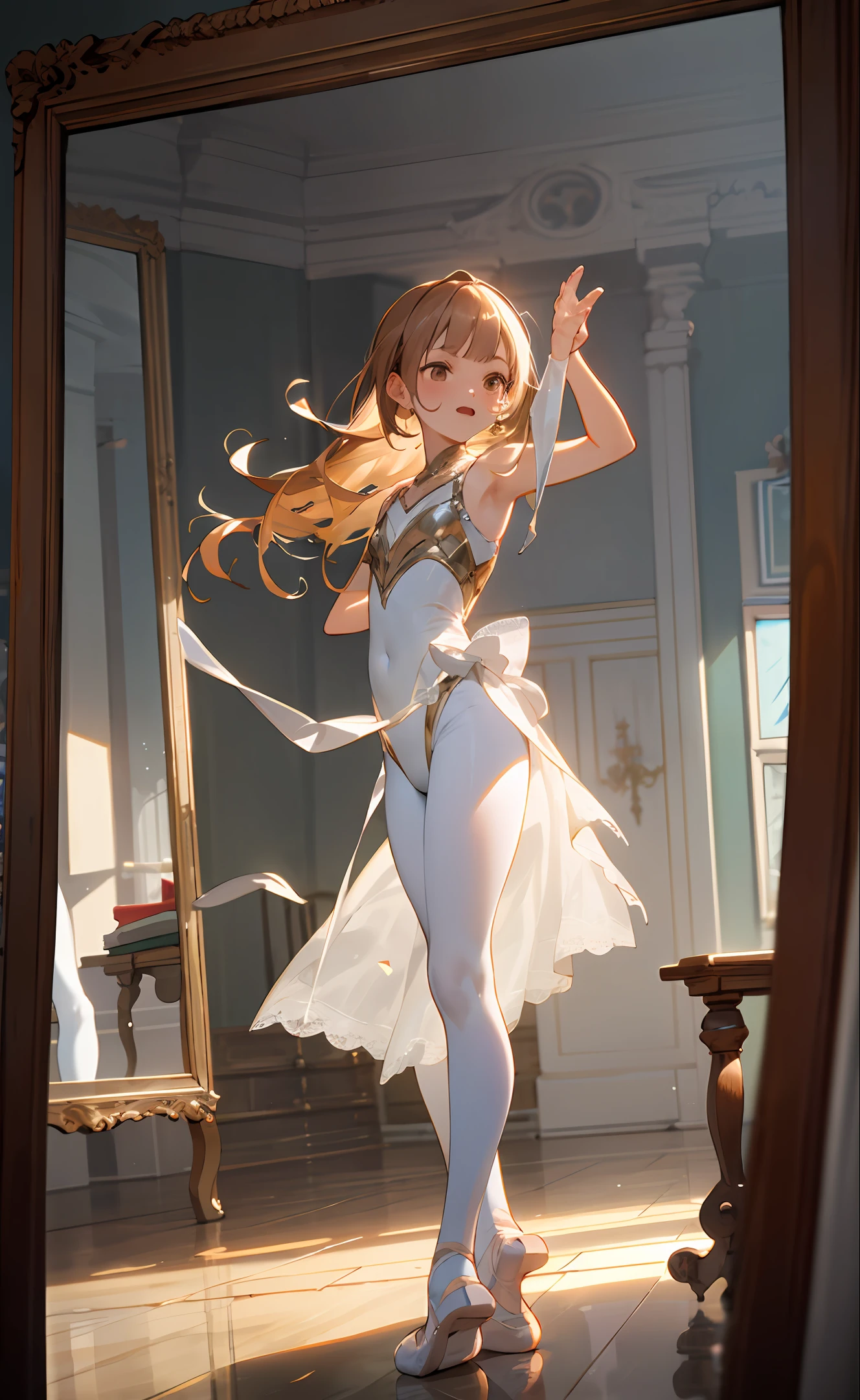 younge boy,In a magnificent dance studio,A young and beautiful ballerina((Wear an original white tights and delicate lace-up ballet slippers))Gracefully perfected his ballet routine,((He has flowing chestnut hair and a petite frame that exudes beauty and elegance))As he glides on a mirrored floor,tmasterpiece,RAW photogr,8k,Ultra photo realsisim,((High facial detail)),cinmatic lighting,rendering by octane, Grand atmosphere, ,