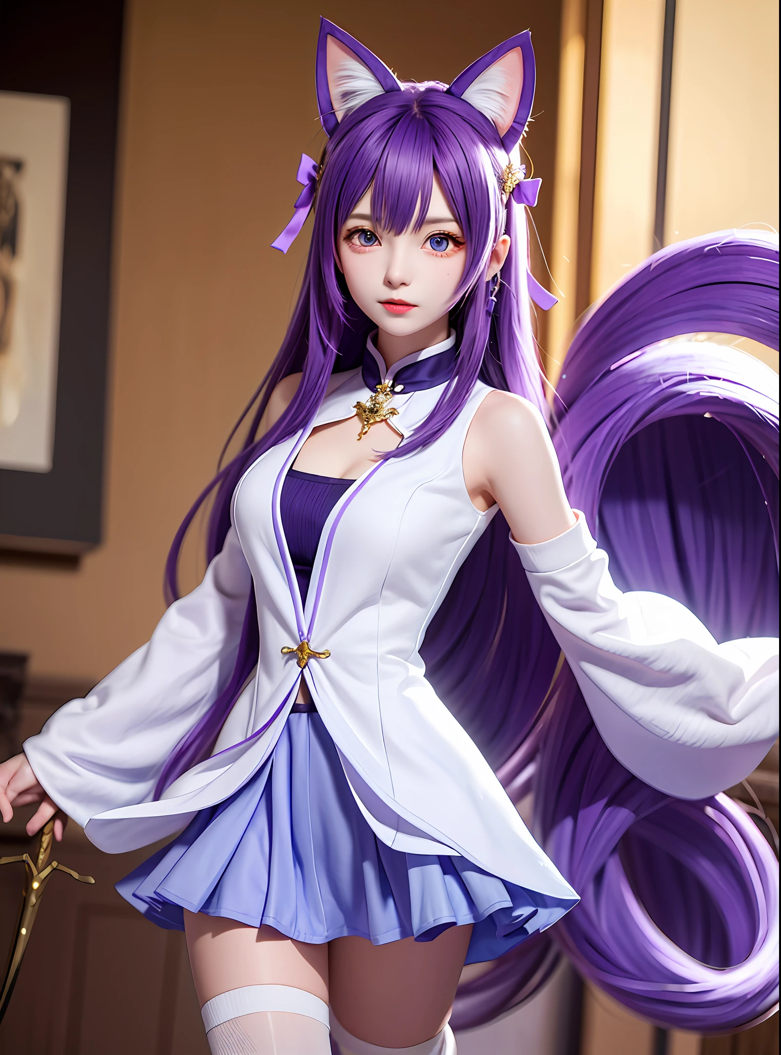A woman,Purple cat ears,The clothes are a combination of purple and white,Purple cat tail,Wear white knee-length socks,out your tongue,Purple colored hair,style of anime,Eyes seductive,Hold the sword in one hand on your chest,The chest is large