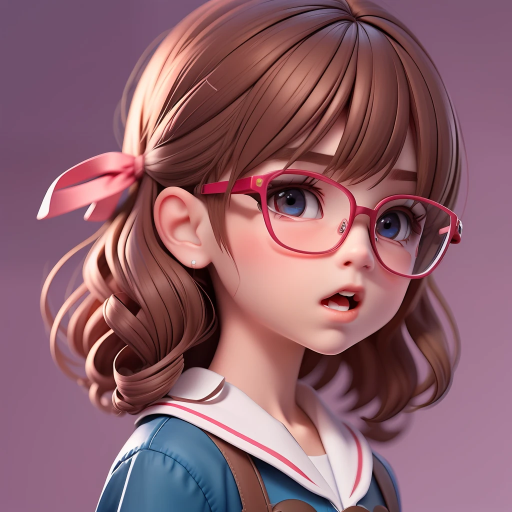Boy avatar，The hair is brown，Slightly curled，The left eye is blue，The right eye is light pink，The upper part of the body，wears glasses，Open your little mouth，schoolboy，tmasterpiece，high detal