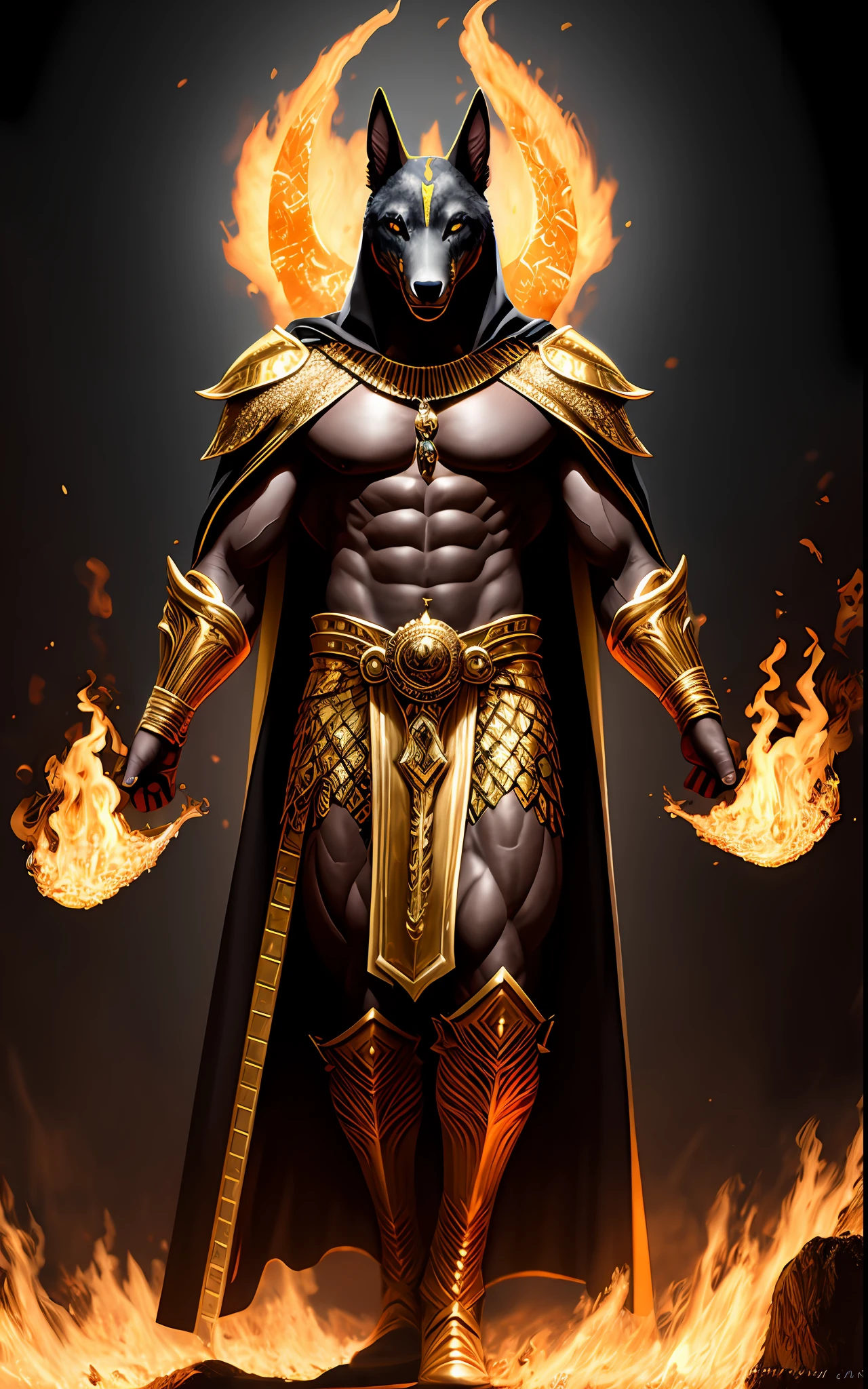 (high quality), photorealistic, (oil painting)
jewelry, (solo),
(dynamic pose), towards right, ((hell gate)), fire, hell landscape, (the underworld), (dark landscape),
anubis, egyptian jackal headed god, anthro, muscular, (holding golden scales), dynamic pose, cinematic, dramatic camera angle, golden armor:0.25, black & gold cape, (good anatomy), (good proportions), award winning, masterpiece, centered,