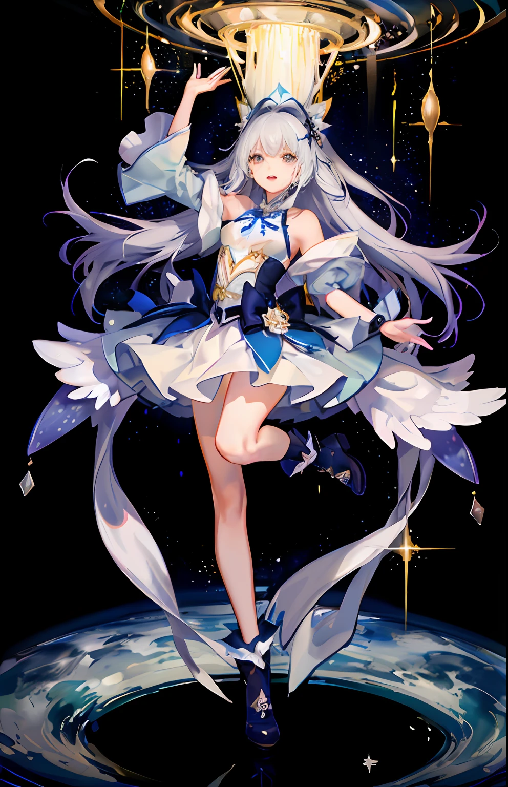 Genshin style,quadratic element,goddes,starryskybackground,White clothes,White hair,the detail,Hanfu,As estrelas,silber hair,The barefoot