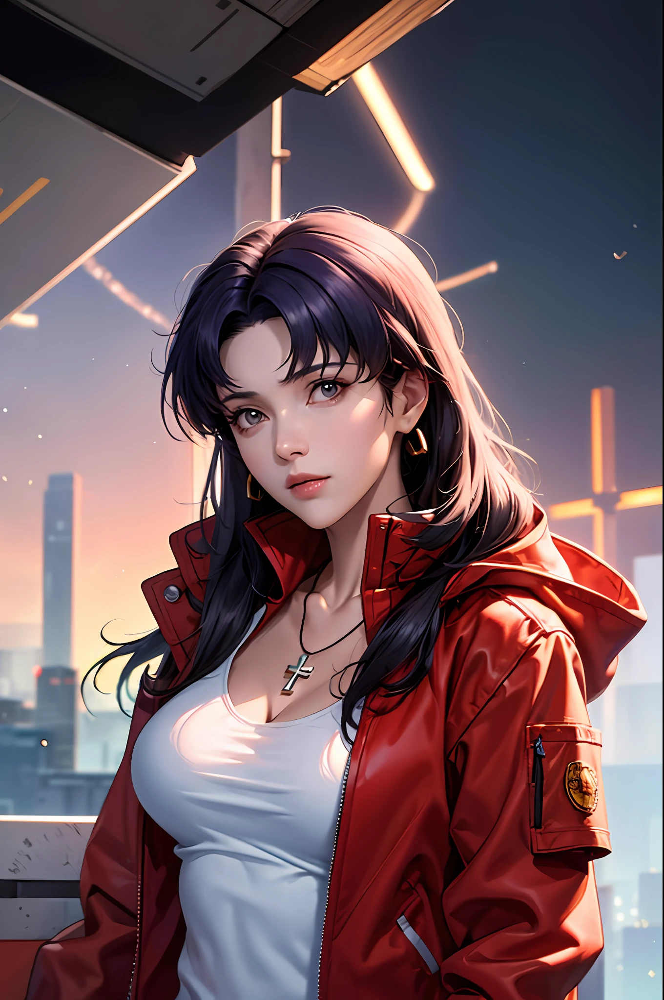 masterpiece, best quality,extremely_detailed_CG_unity_8k_wallpaper,extremely detailed_eyes,,evangelion: 3.0 you can \(not\) redo,1girl, solo,  Katsuragi_Misato, brown eyes,indigo hair,big_breasts, cross_necklace ,red jacket, mature female,aged up,upper body,