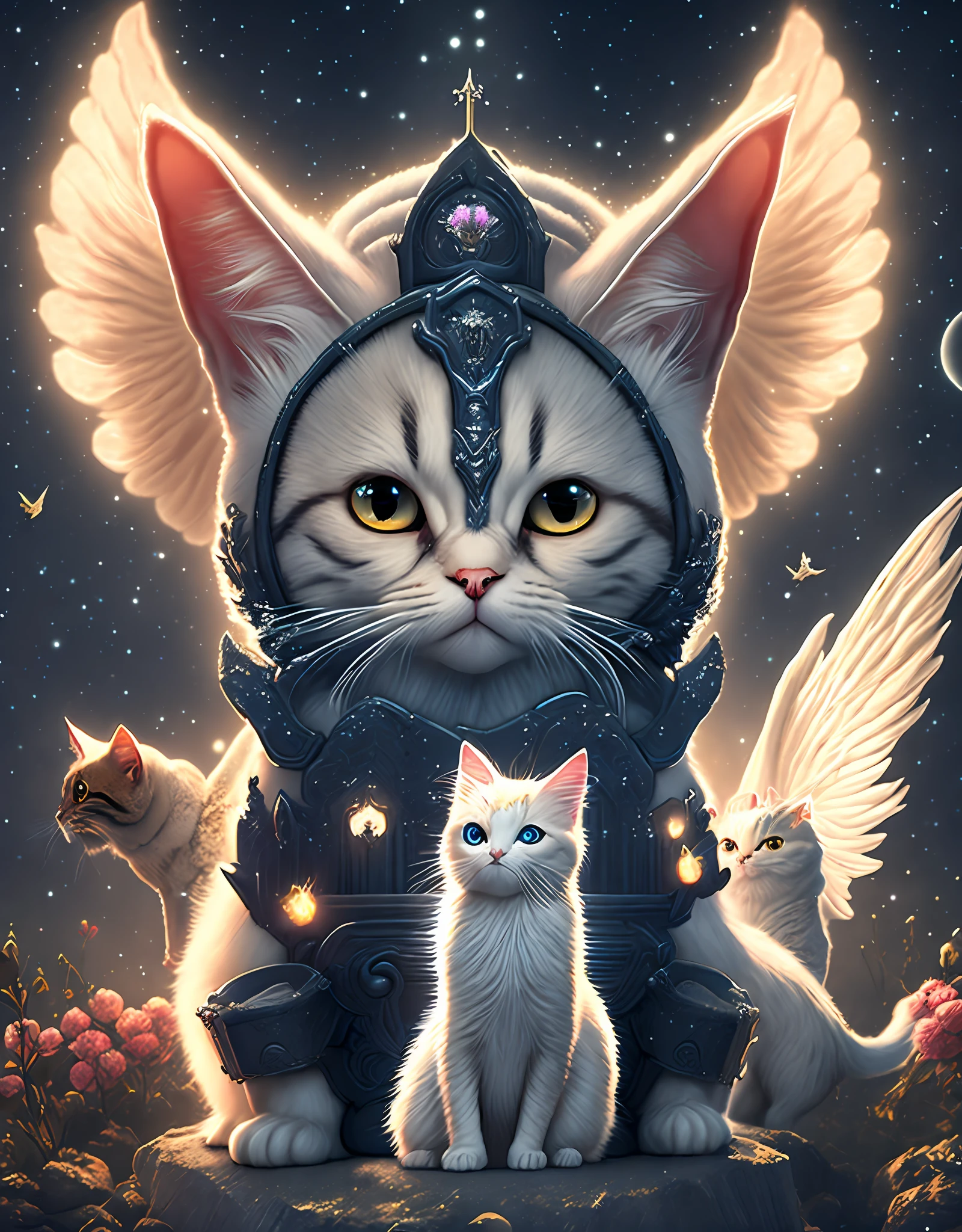 Cats under the moon,Angels fight demons,a throne,Remains,fresh flowers,necromunda,HD picture --auto