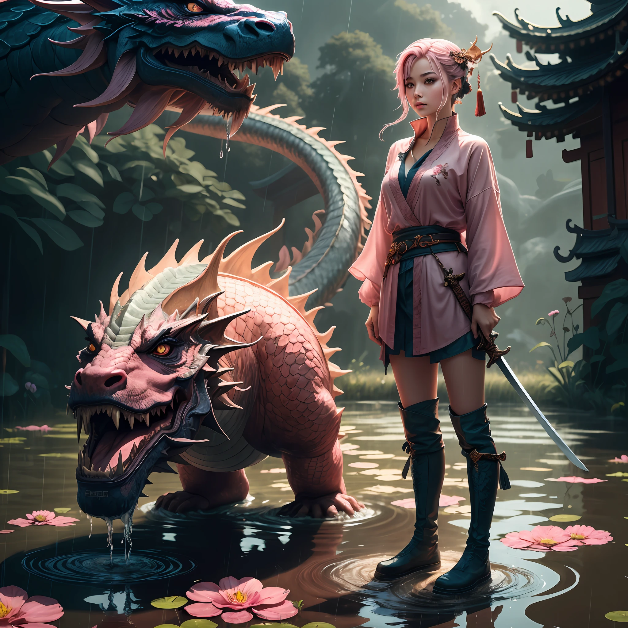 A girl, pink hair, chinese dragon in the background, standing on a puddle of water, wet shirt, raining, holding a sword --auto