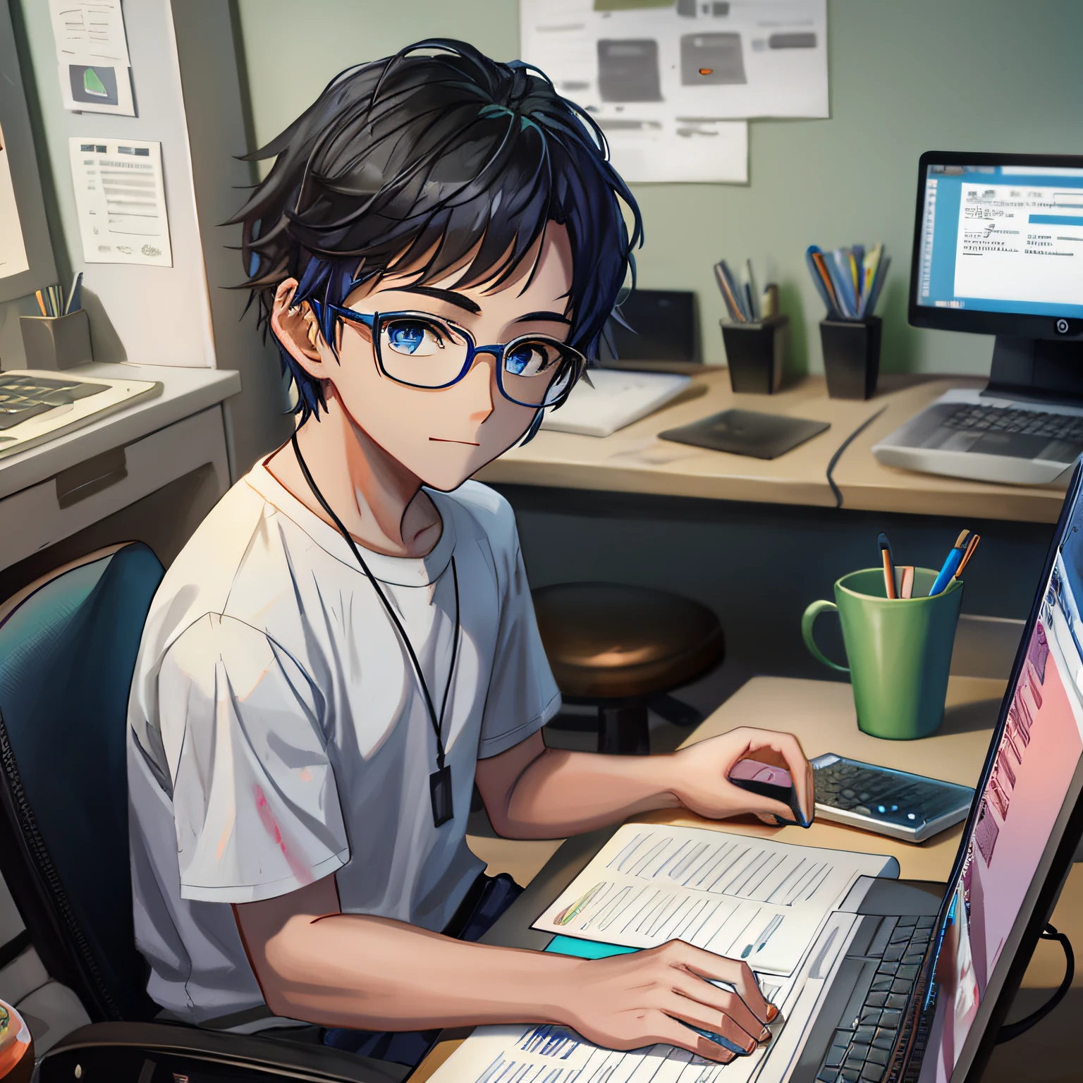 Still life painting in modern style,Surrounded by coding and design elements,A young man sits at a desk with strokes to concentrate on work,Handheld laptop,The background is a modern office atmosphere,Contains blue hair。
