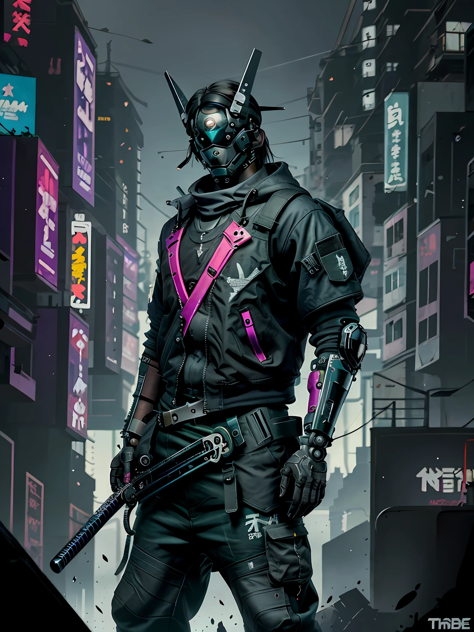 Crea una imagen de primer plano de una asesina cyberpunk con una katana y una chaqueta de cuero negra. El estilo debe ser Techwear ninja, inspired by the designs of ThreeA toys and the special operations team. The atmosphere must be dystopian science fiction, con elementos de Techwear cyberpunk y operaciones especiales.
Los materiales que deben incluirse son un chaleco antibalas negro, un uniforme blindado negro, un traje sigiloso, una armadura sigilosa y un soldado cyberpunk. Make sure the killer looks lethal and agile, Holding the katana with confidence and determination. La chaqueta de cuero negro debe realzar su figura y el conjunto debe tener un estilo Techwear ninja, with details inspired by ThreeA toys and the special operations head with mask.
El enfoque de la imagen debe ser en la fuerza y habilidad de la asesina. El estilo debe ser oscuro y futurista, with details of weaponry and technology that reflect the cyberpunk world in which the action takes place. It uses a play of light and shadow to enhance the figure of the assassin and create an atmosphere of mystery and tension.