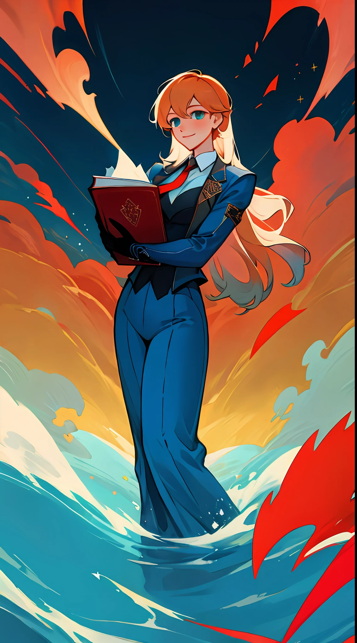 （（ULTRA-DETAILED CG Unity 8k wallpapers，best qualtiy，tmasterpiece）），Extremely Delicately Beautiful，afloat，A high resolution，full bodyesbian
[（1 girl），Blue suit long skirt red tie，ssmile，Raise a hand，Holding two books in his arms，（exquisite and beautiful eyes：1.1），Dynamic pose，Long shots]：0.8。