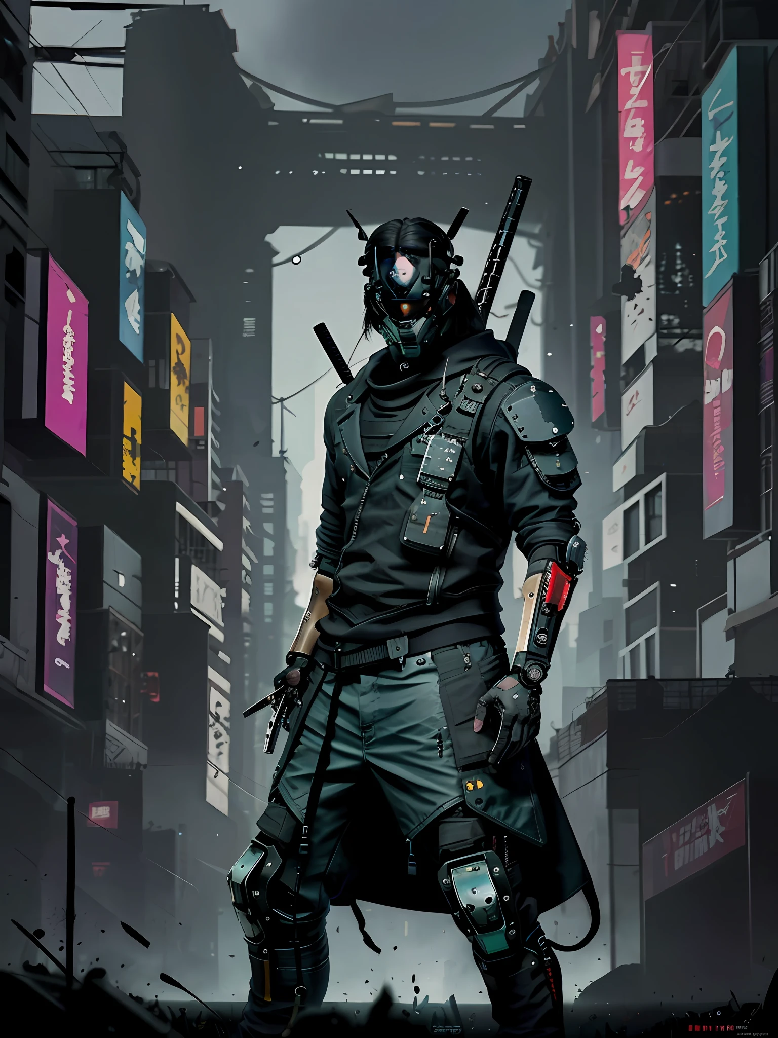 Crea una imagen de primer plano de una asesina cyberpunk con una katana y una chaqueta de cuero negra. El estilo debe ser Techwear ninja, inspired by the designs of ThreeA toys and the special operations team. The atmosphere must be dystopian science fiction, con elementos de Techwear cyberpunk y operaciones especiales.
Los materiales que deben incluirse son un chaleco antibalas negro, un uniforme blindado negro, un traje sigiloso, una armadura sigilosa y un soldado cyberpunk. Make sure the killer looks lethal and agile, Holding the katana with confidence and determination. La chaqueta de cuero negro debe realzar su figura y el conjunto debe tener un estilo Techwear ninja, with details inspired by ThreeA toys and the special operations head with mask.
El enfoque de la imagen debe ser en la fuerza y habilidad de la asesina. El estilo debe ser oscuro y futurista, with details of weaponry and technology that reflect the cyberpunk world in which the action takes place. It uses a play of light and shadow to enhance the figure of the assassin and create an atmosphere of mystery and tension.