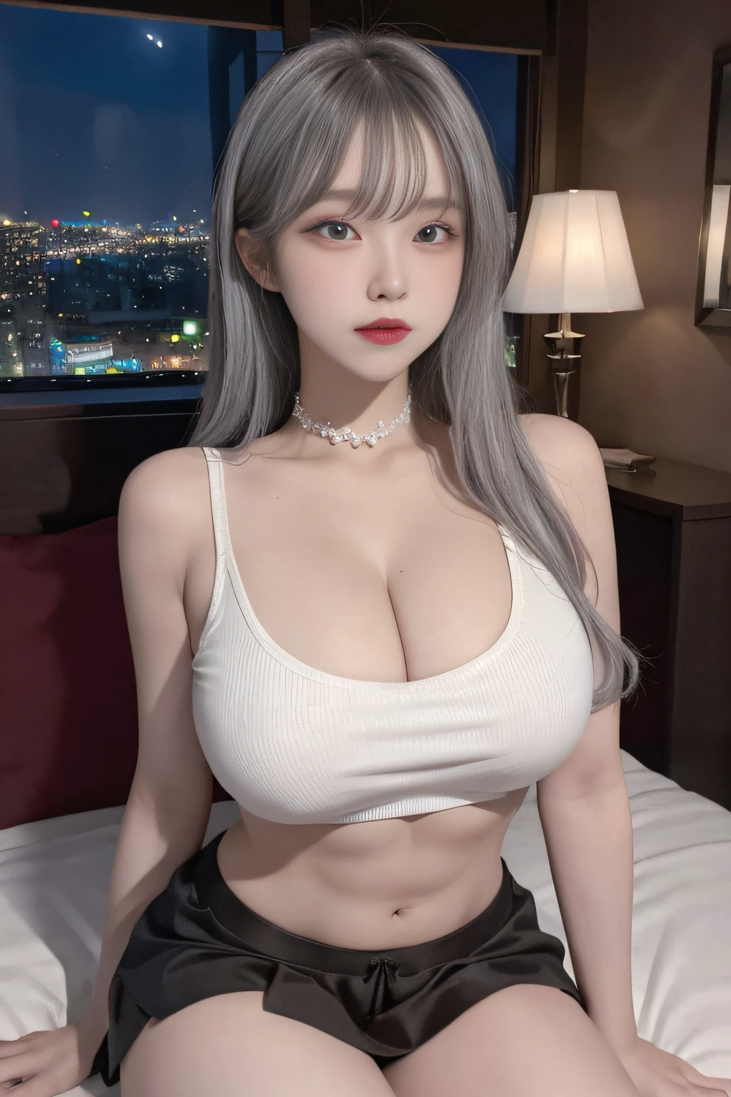 Top image quality、Raw photography、超A high resolution、-yeld Kon、very large round breasts、shiny breasts、cleavage of the breast、Cropped Black Tank Top、blue plaid skirt、fair white skin、shiny white skin、Beautiful eyes with random colors、beautiful eyes finely detailed、elongated eyes、pale pink blush、long eyeslashes、beautiful double eyelid、eyeshadows、Beautiful navel、Beautiful abs、Beautiful ribs、bright silver hair、bright white hair、Hotel room at night、Room with night view、large glass windows、