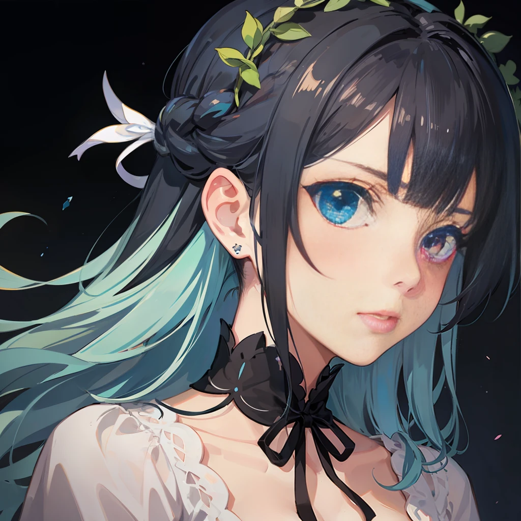 black hair, light blue hair, french braid, ribbon, head wreath, heterochromia, scowl, Surrealism, anime, Gothic art, chiaroscuro, 8k, 16k, anatomically correct, high details